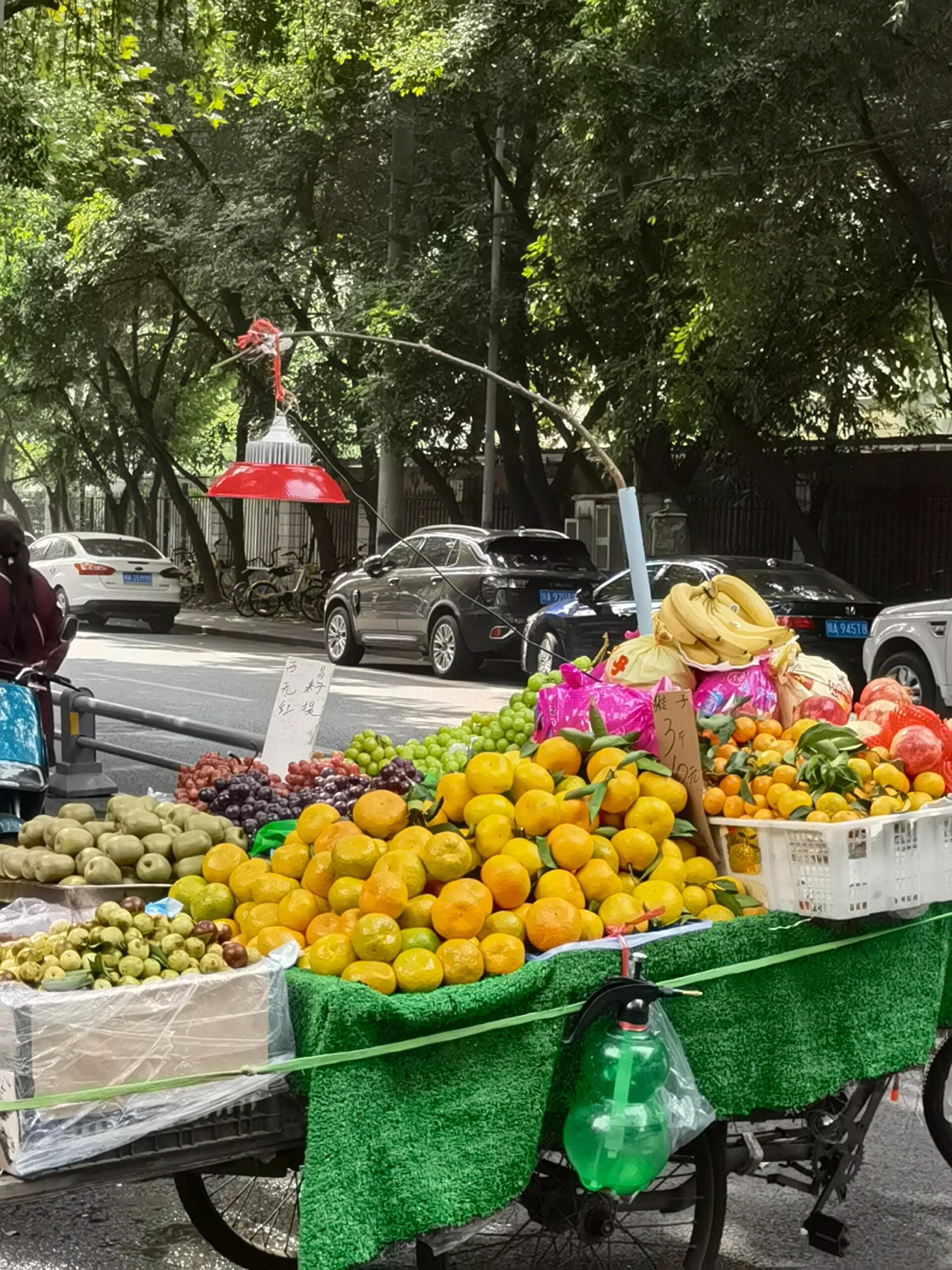 路边卖水果的小推车,装满了秋天的红橙黄绿