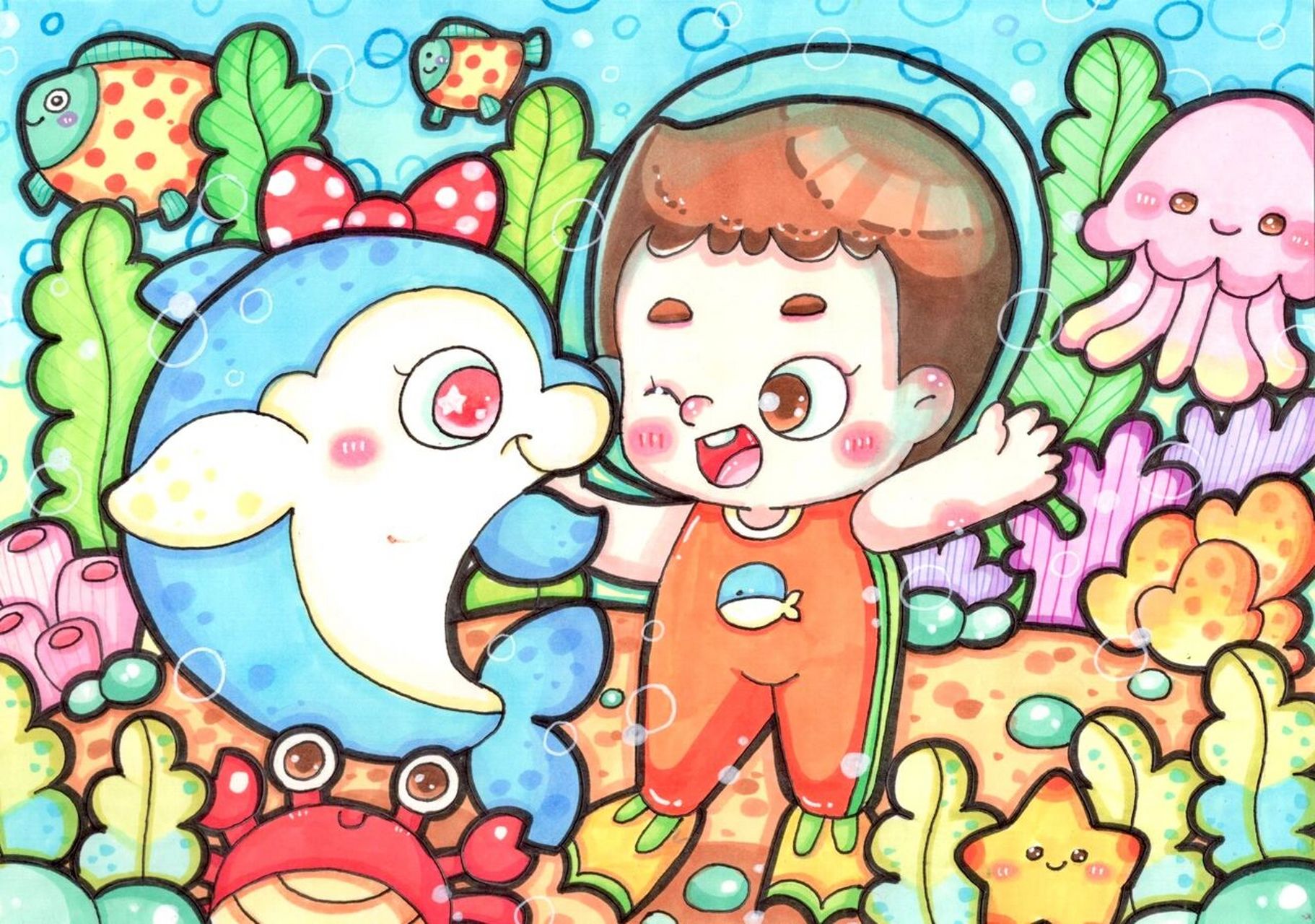 绘画小课堂7815海底世界|海豚|潜水员 涂色版来啦今晚七点直播间