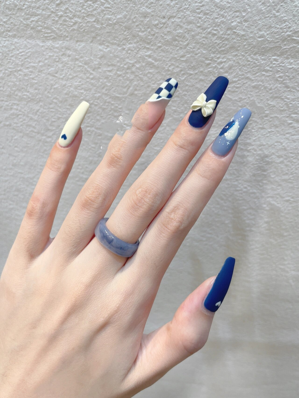 冰雨雾霾|98蓝色系棋盘格90磨砂感涂鸦美甲 7415雾霾蓝棋盘格