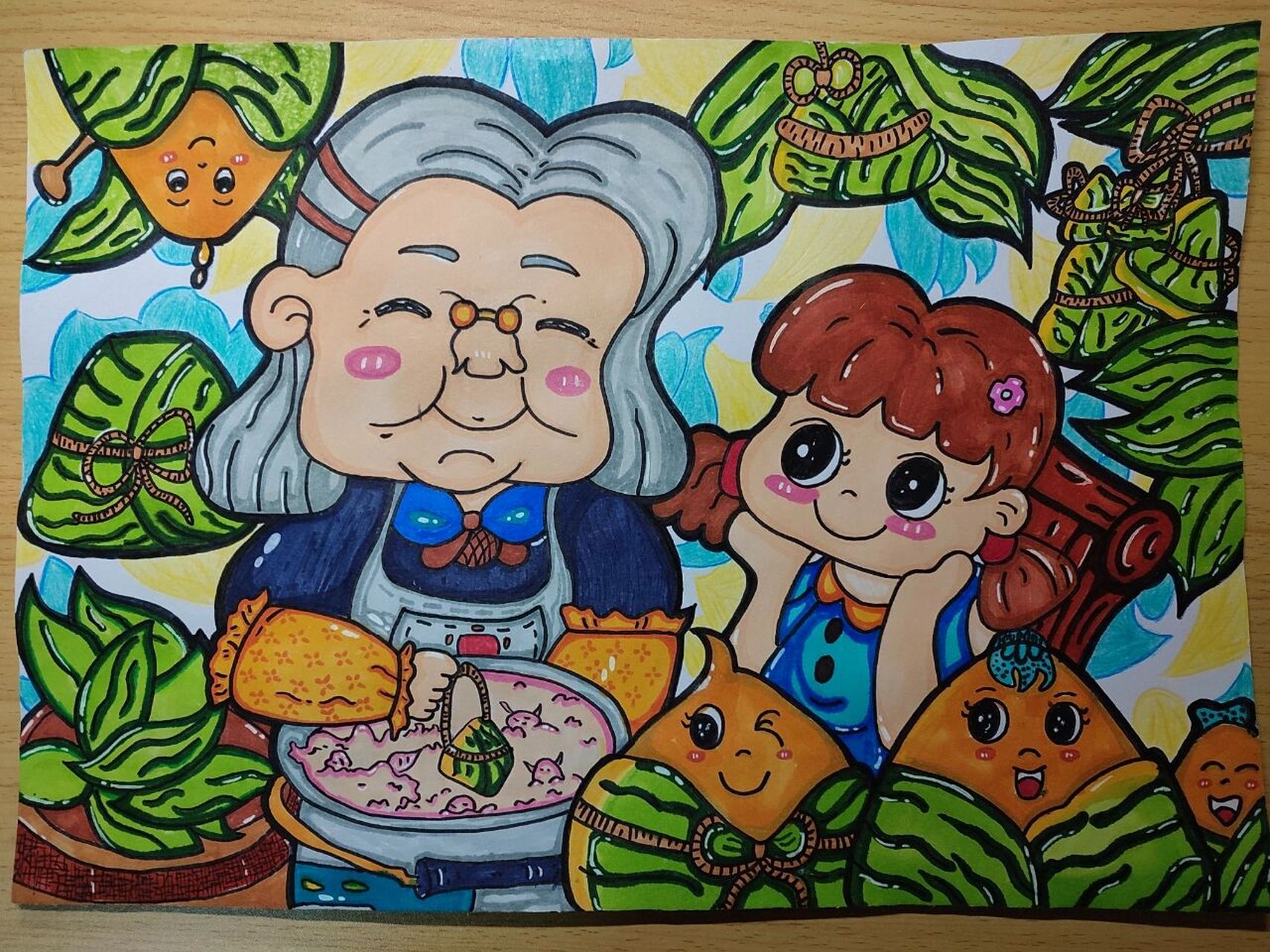 笔手绘) 奶奶9199跟孙女9799 一起包粽子的画面真的很温馨呀!