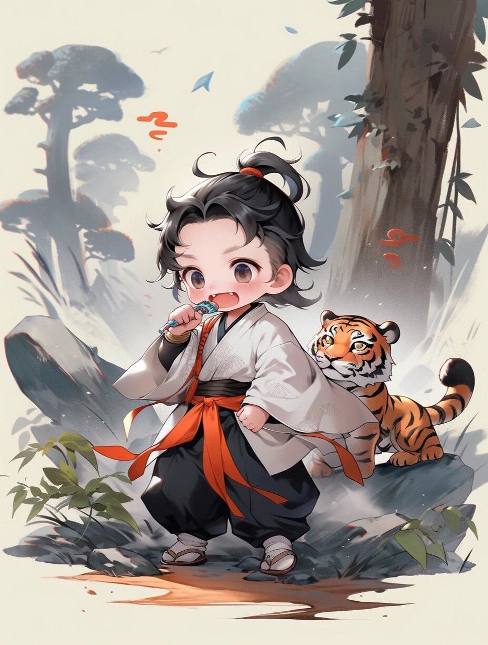 ai绘画/q萌古风唐装小男孩一 ai绘画,适合作为古风q版模拟经营手游