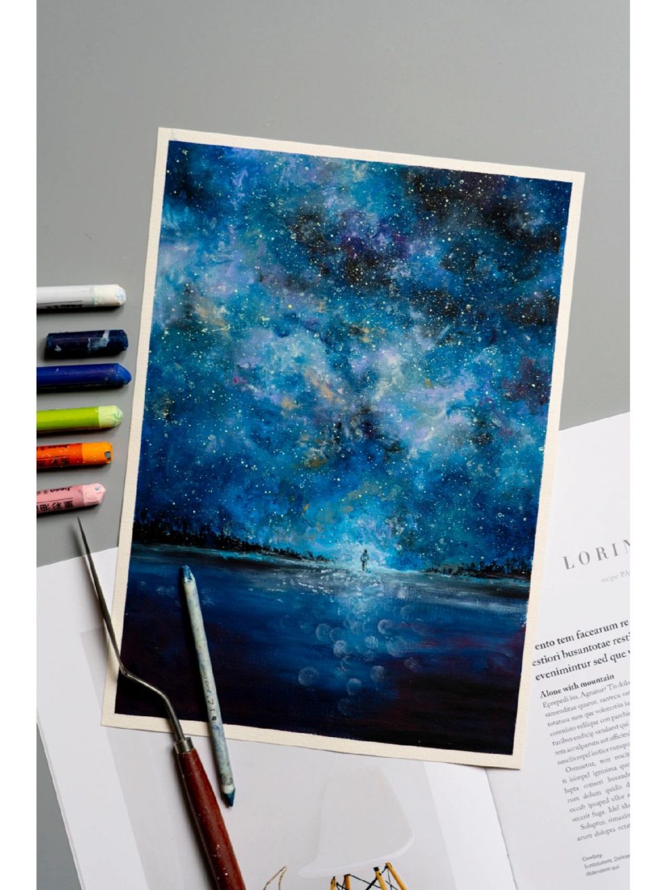 星空系列第三张 画幅:a4 材料:油画棒,水粉颜料,擦笔,刮刀,牙刷 用时