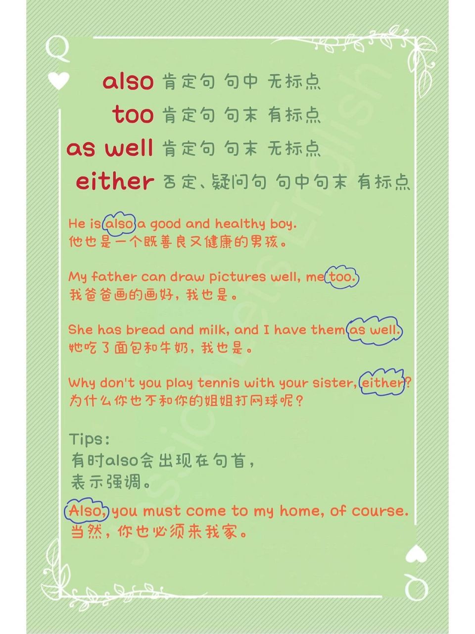 英语中四个也:also,too,as well,either 	 1,also 一般放在肯定局中