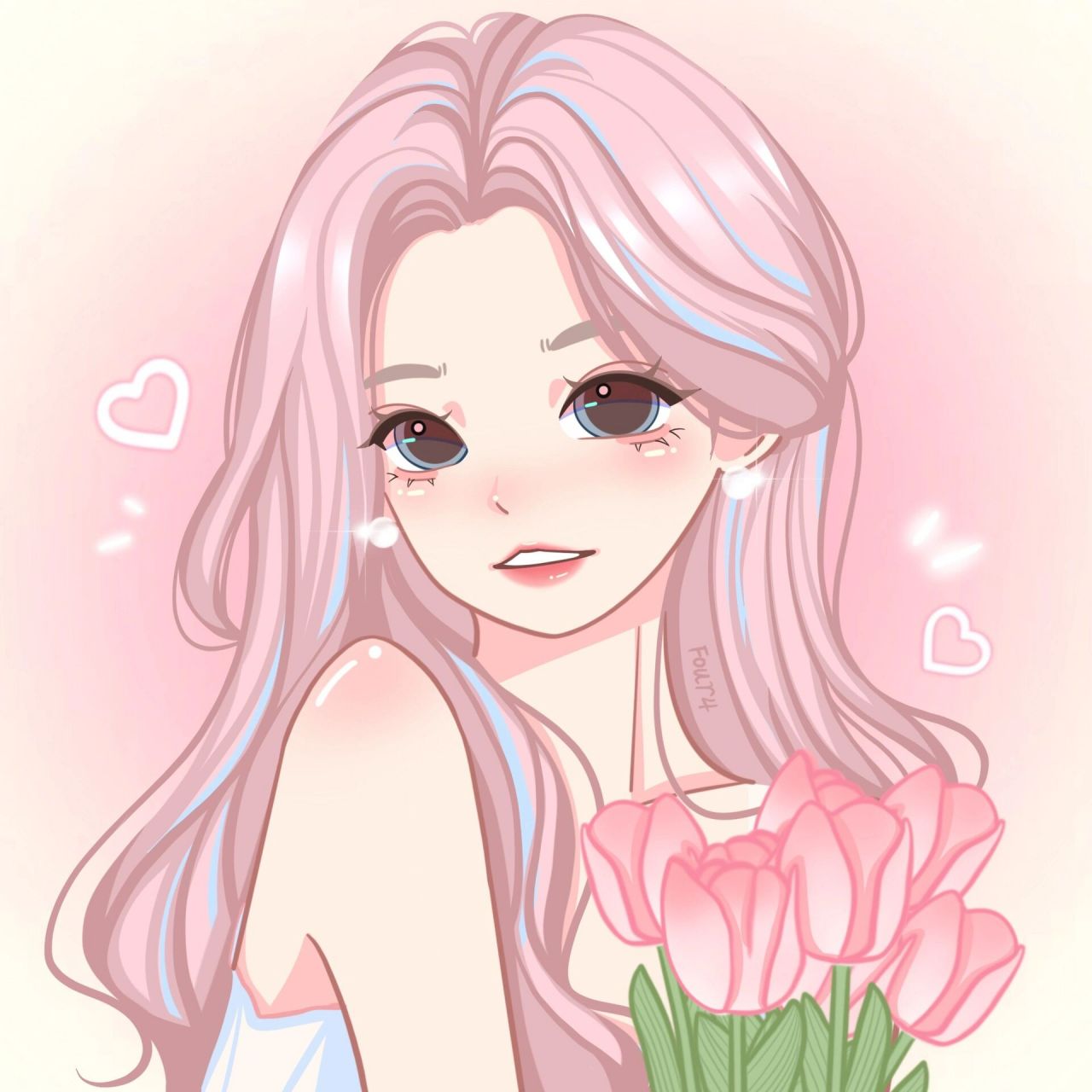 卡通头像|郁金香女孩～蓝头发粉头发也好米 之前画的线稿啦 9315