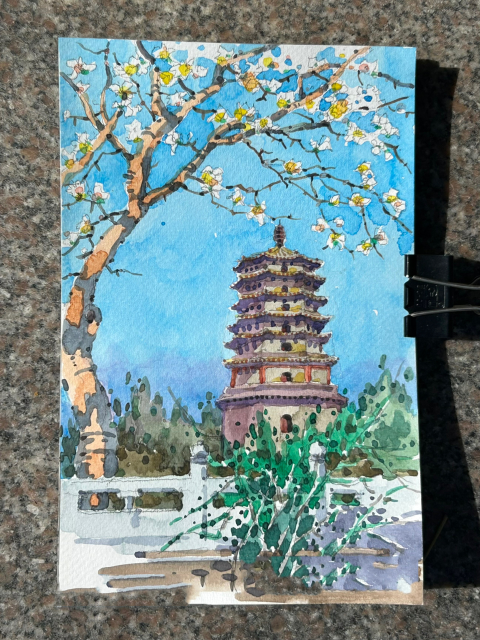 正定 天宁寺|写生 写生在正定天宁寺里画凌霄塔,蓝天白云掩映着白色的