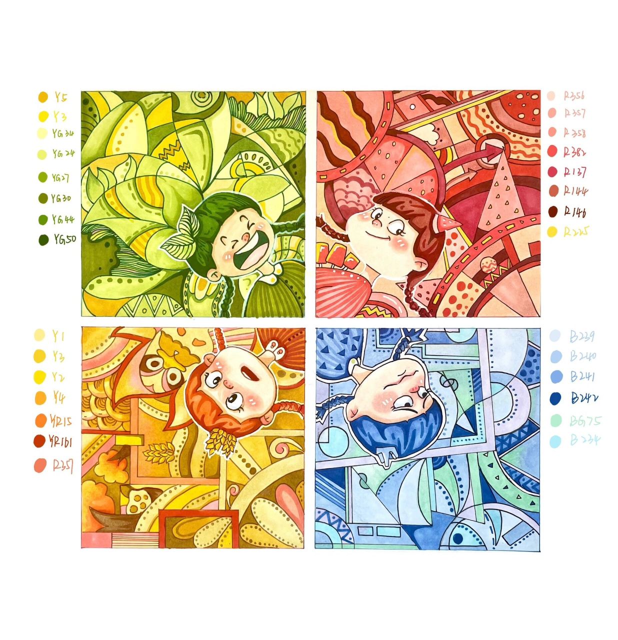 创意色彩构成装饰画:四季(春夏秋冬) 内附色卡|原创四宫格 |考研手绘