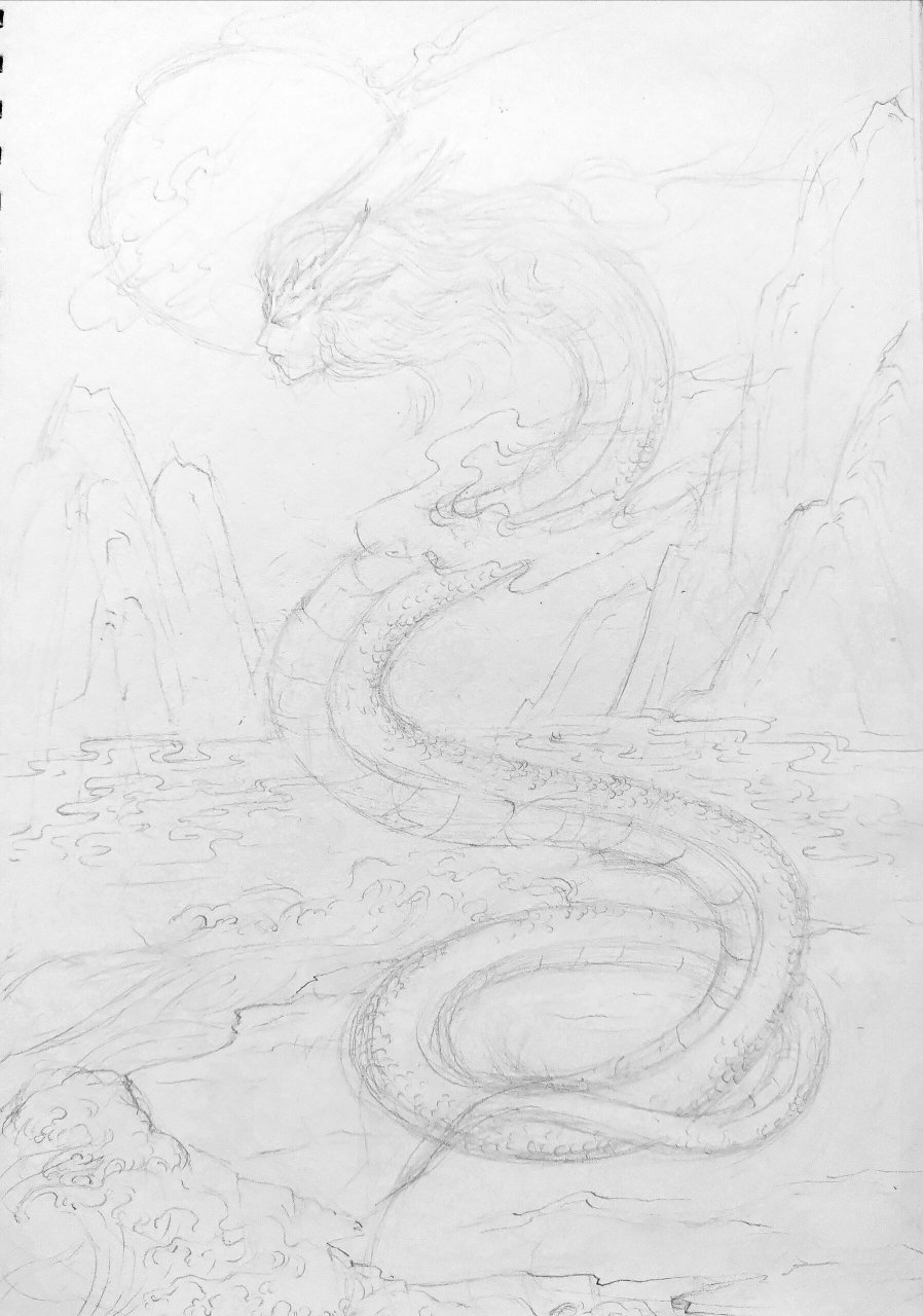 山海经异兽"烛龙"线稿 烛龙,又名烛阴,烛九阴,逴龙,火精,中国古代神话