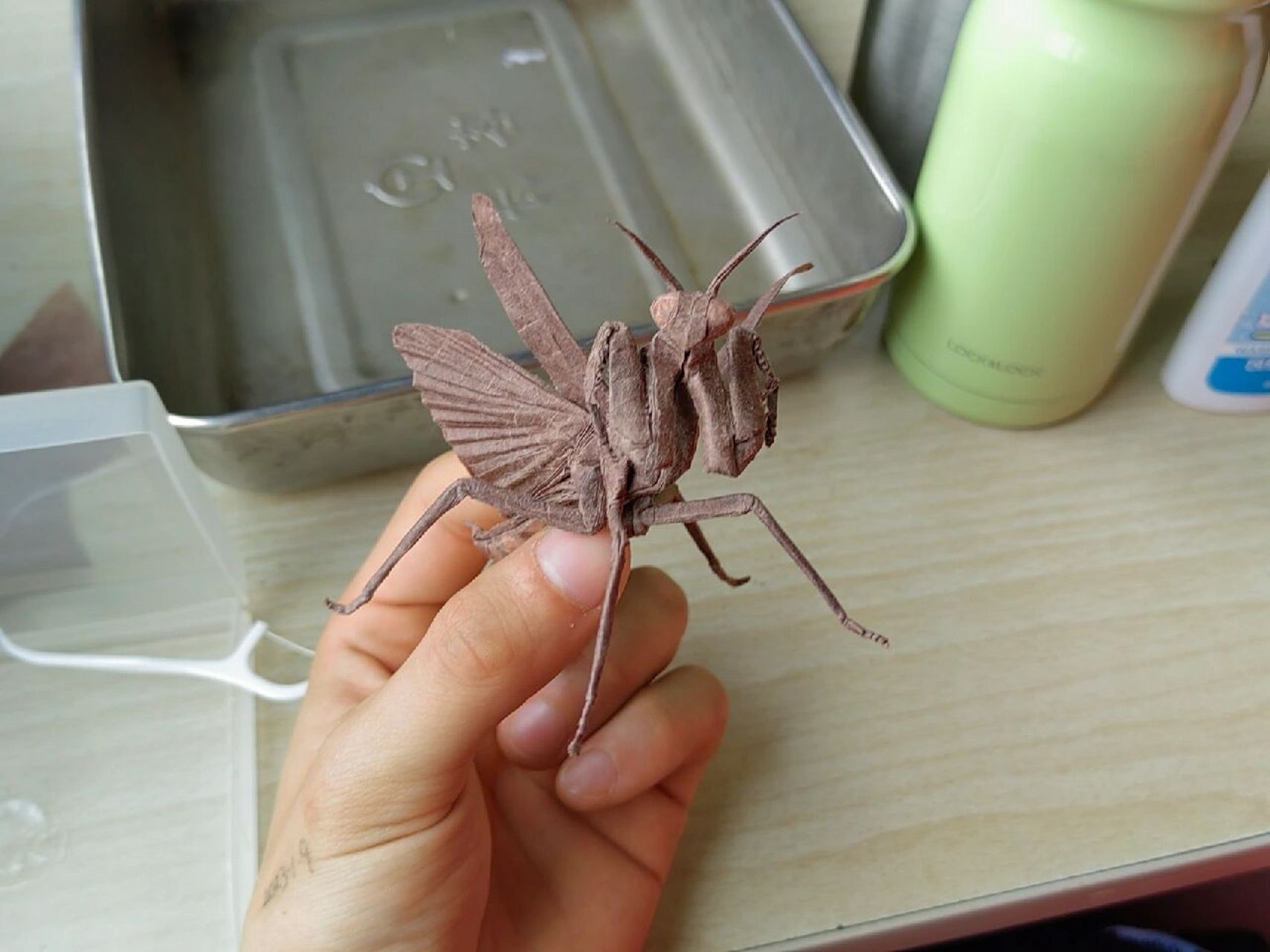 火车上折完的折纸螳螂 设计:今井幸太 折拍:我 用纸:35cm棕色拷贝纸