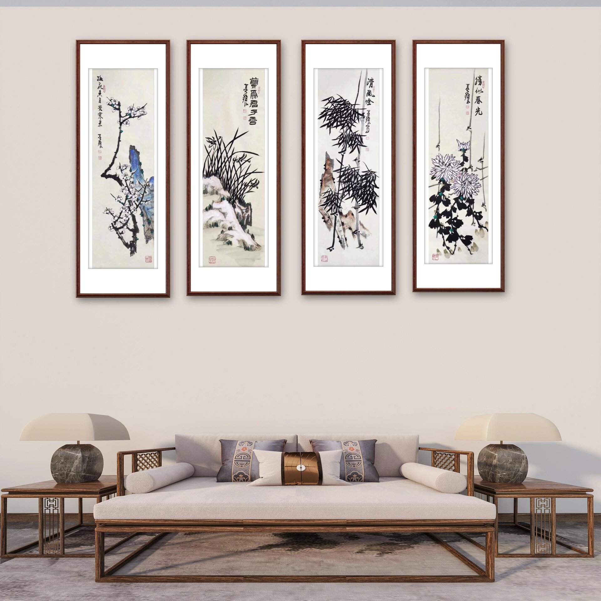 韩其源《梅兰竹菊》客厅挂画