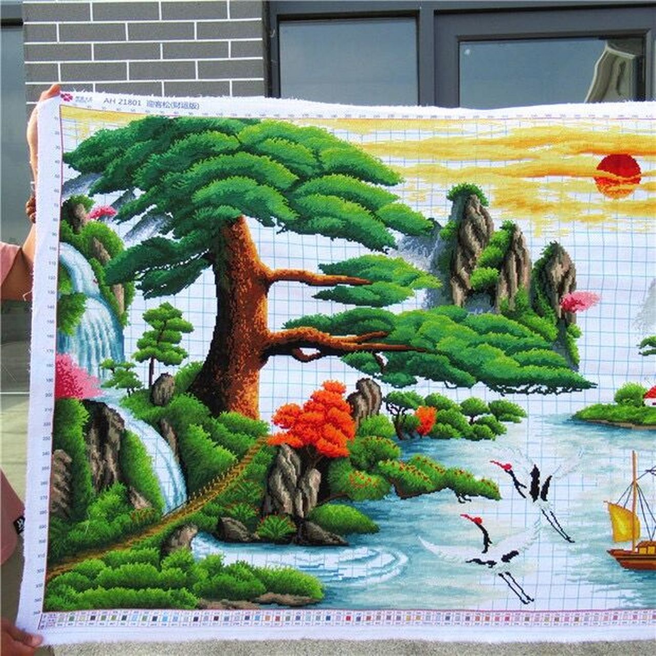 手工十字绣成品迎客松财运版