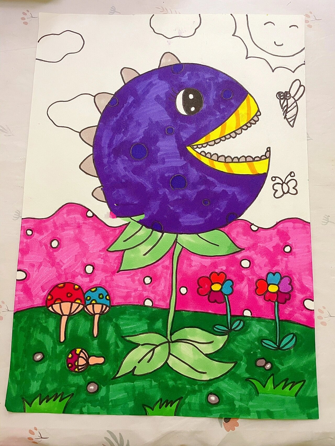 儿童简笔画《食人花》 8k素描纸,勾线笔,马克笔