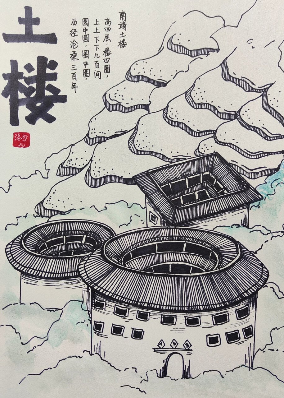 少儿美术课堂,线描控笔练习,福建土楼