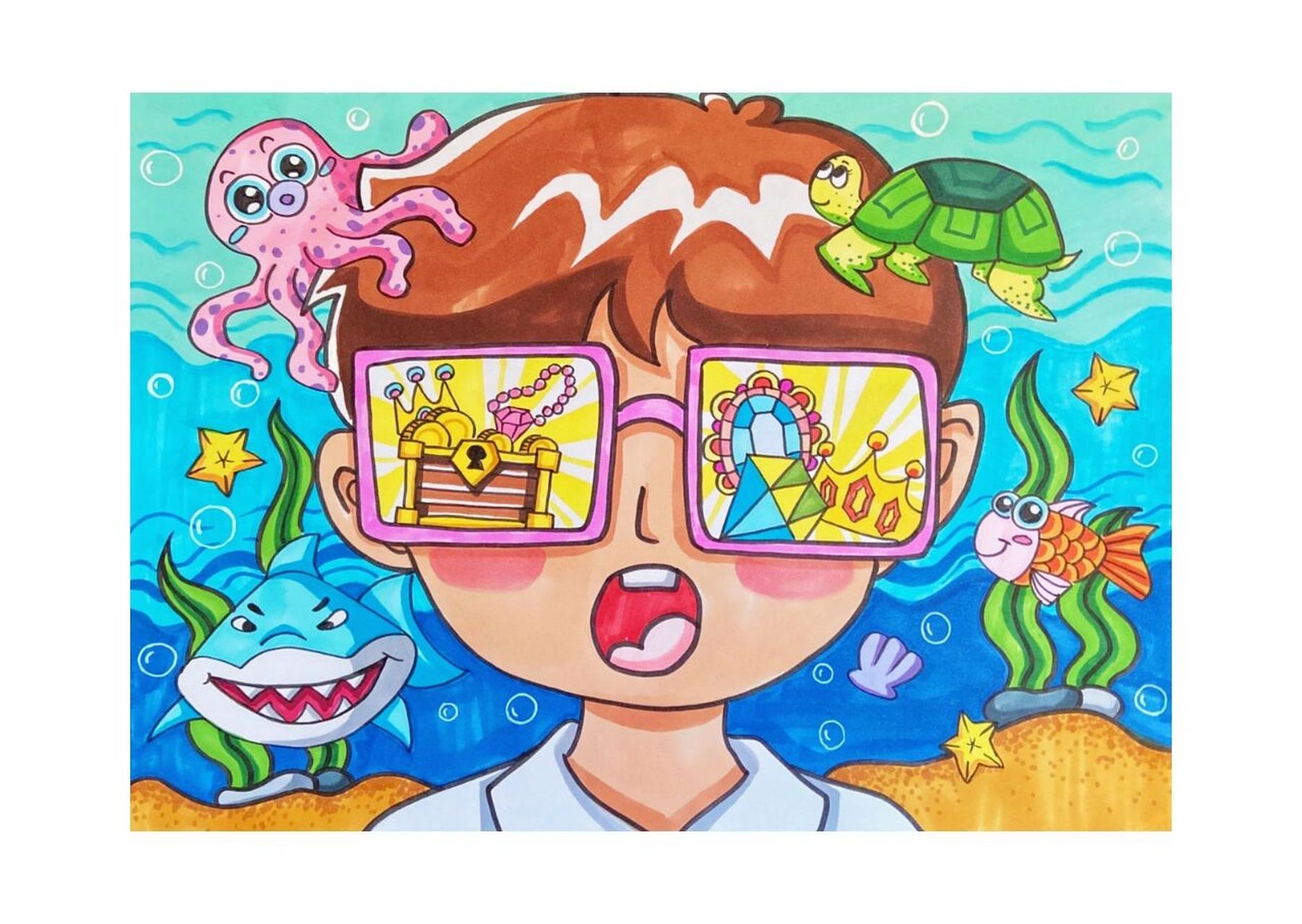 【120】马克笔儿童画《眼镜中的世界》 工具:a4纸,铅笔,橡皮,勾线笔