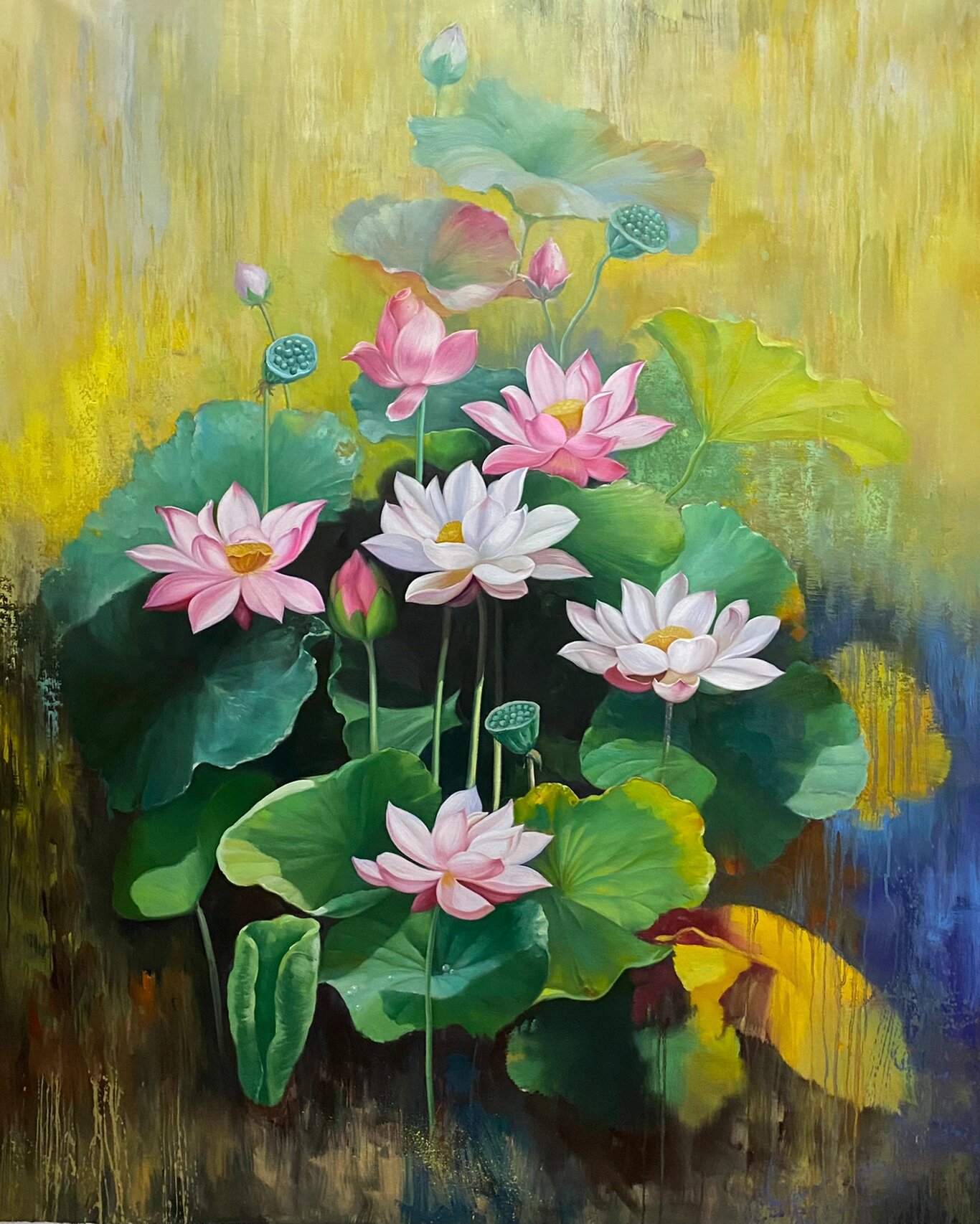 手绘油画荷花池
