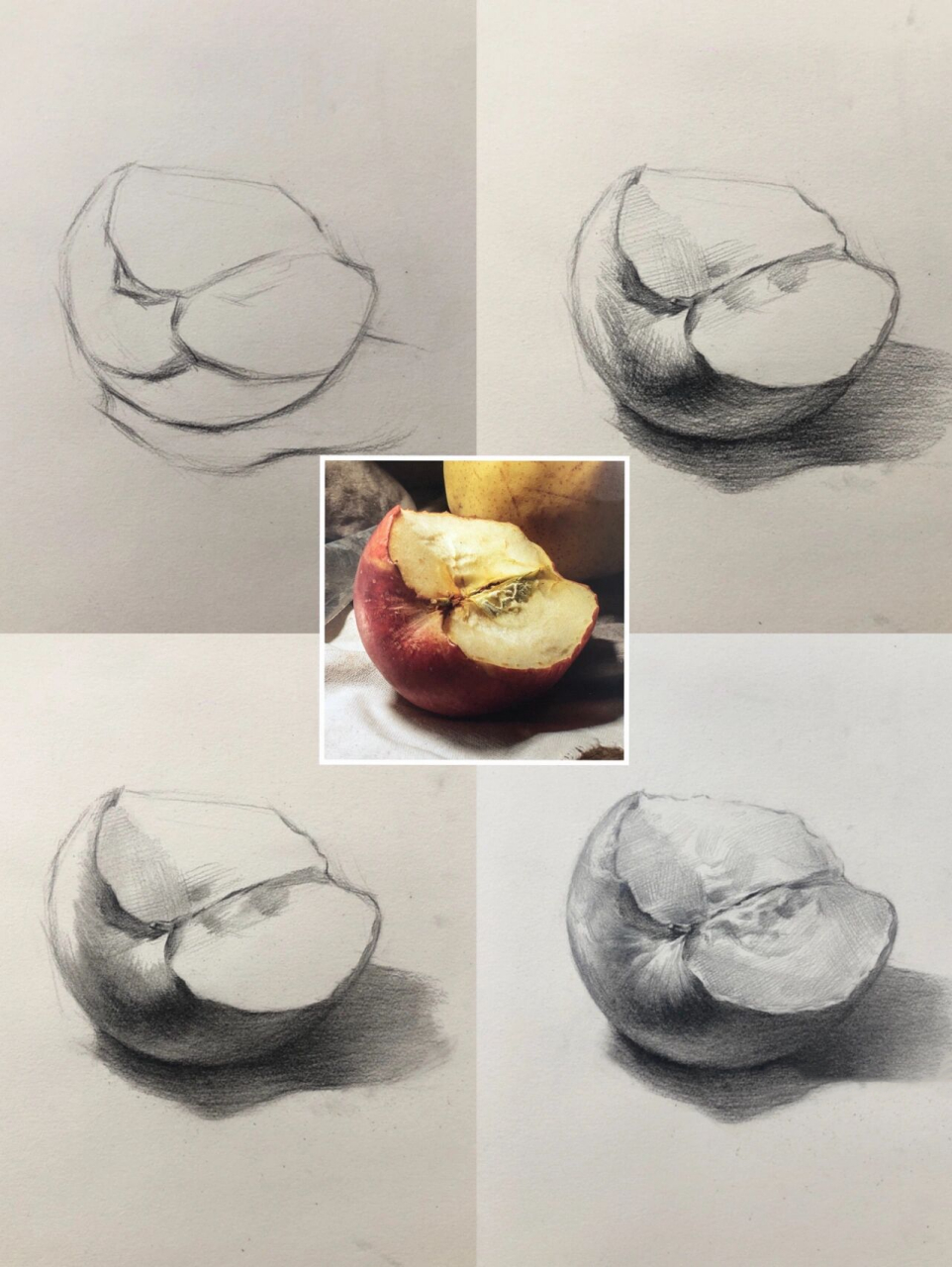 【素描静物】半个苹果96 苹果是静物素描中最基础的一个物体 可以