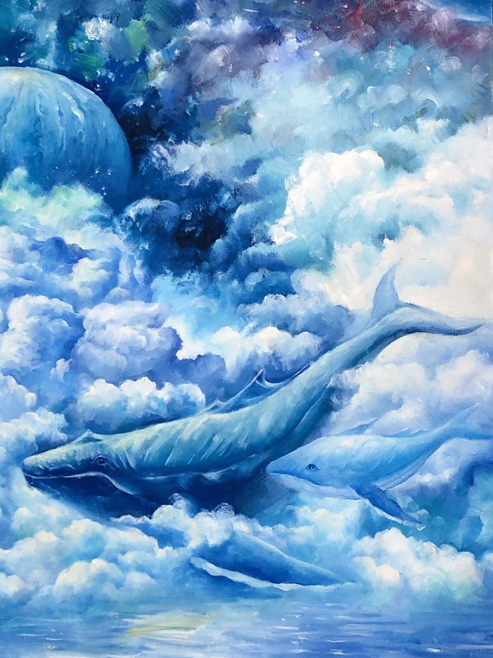 坚持画画100幅/第2幅/鲸鱼梦幻/海边丙烯画 巨大的鲸鱼遨游星空寻找家