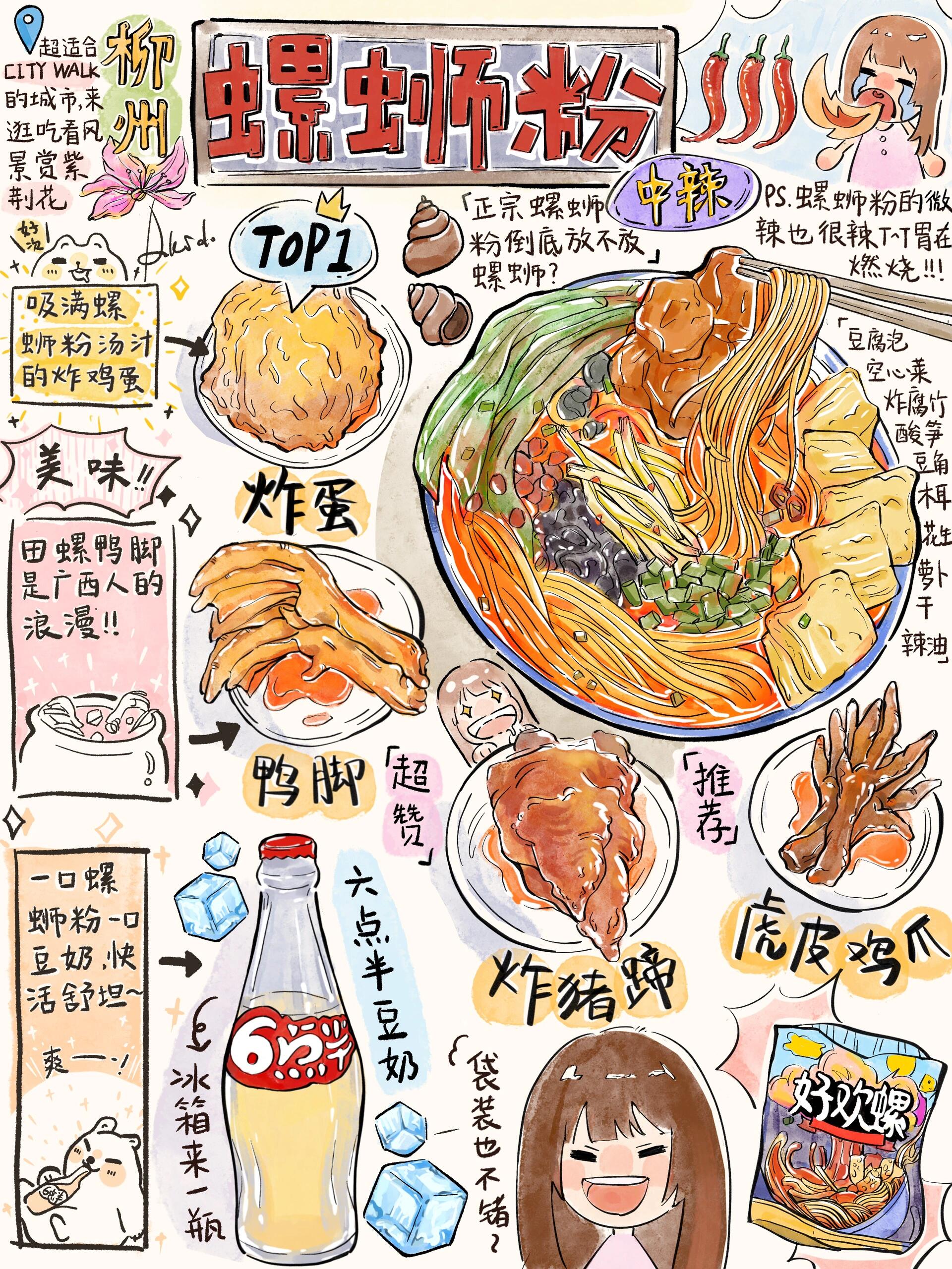 柳州螺蛳粉90广西嗦粉图鉴来咯6015|美食插画