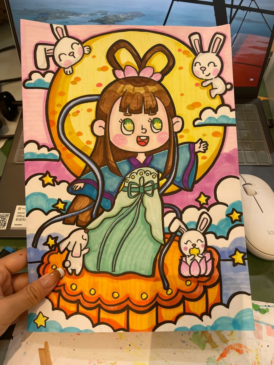 中秋节 主题画,嫦娥 和玉兔