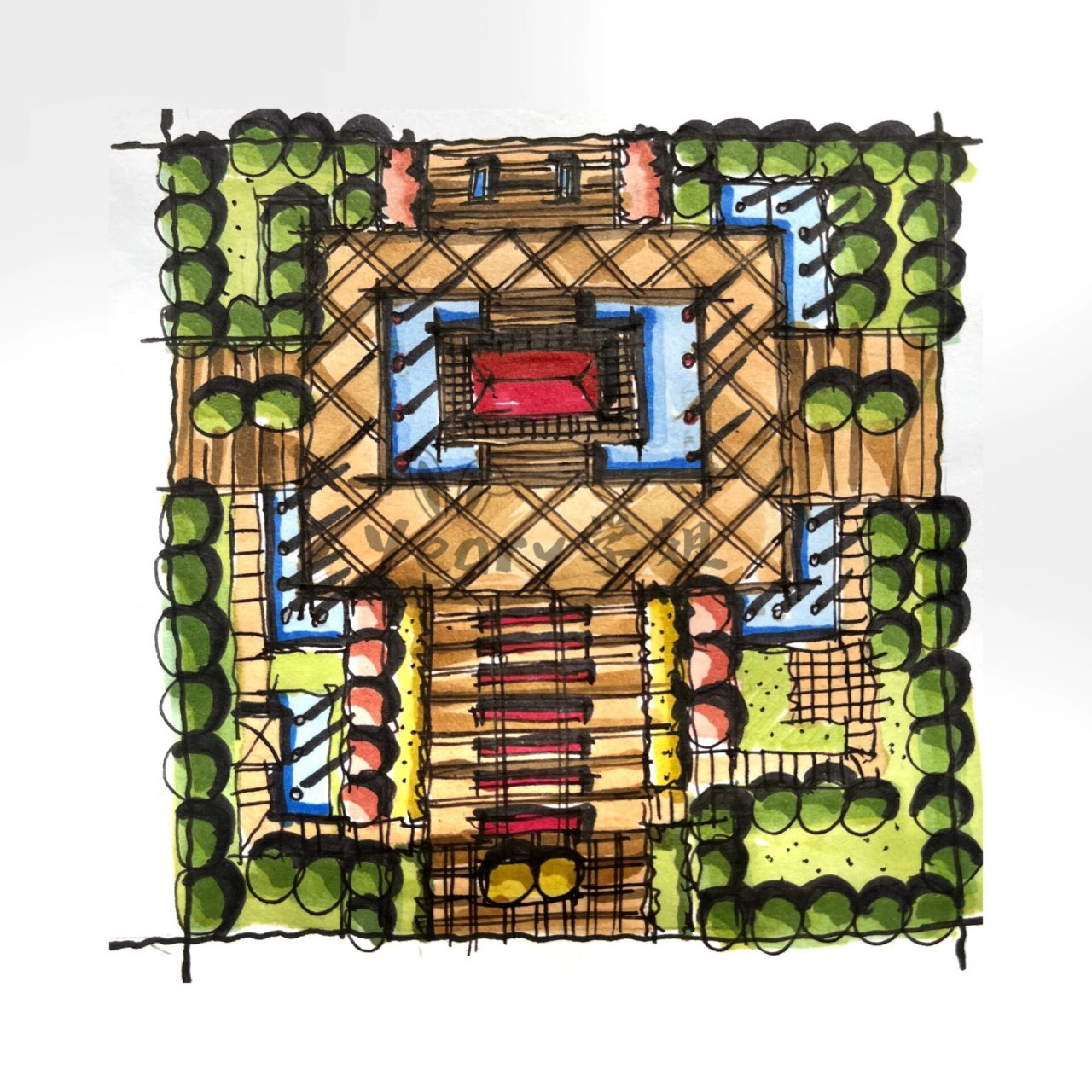 城规快题——方形广场进阶版 99 方形广场布局无非就是那几种元素