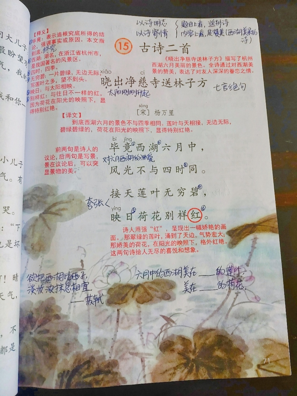 二年级下册语文第15课《古诗二首》课堂笔记《晓出净慈寺送林子方》