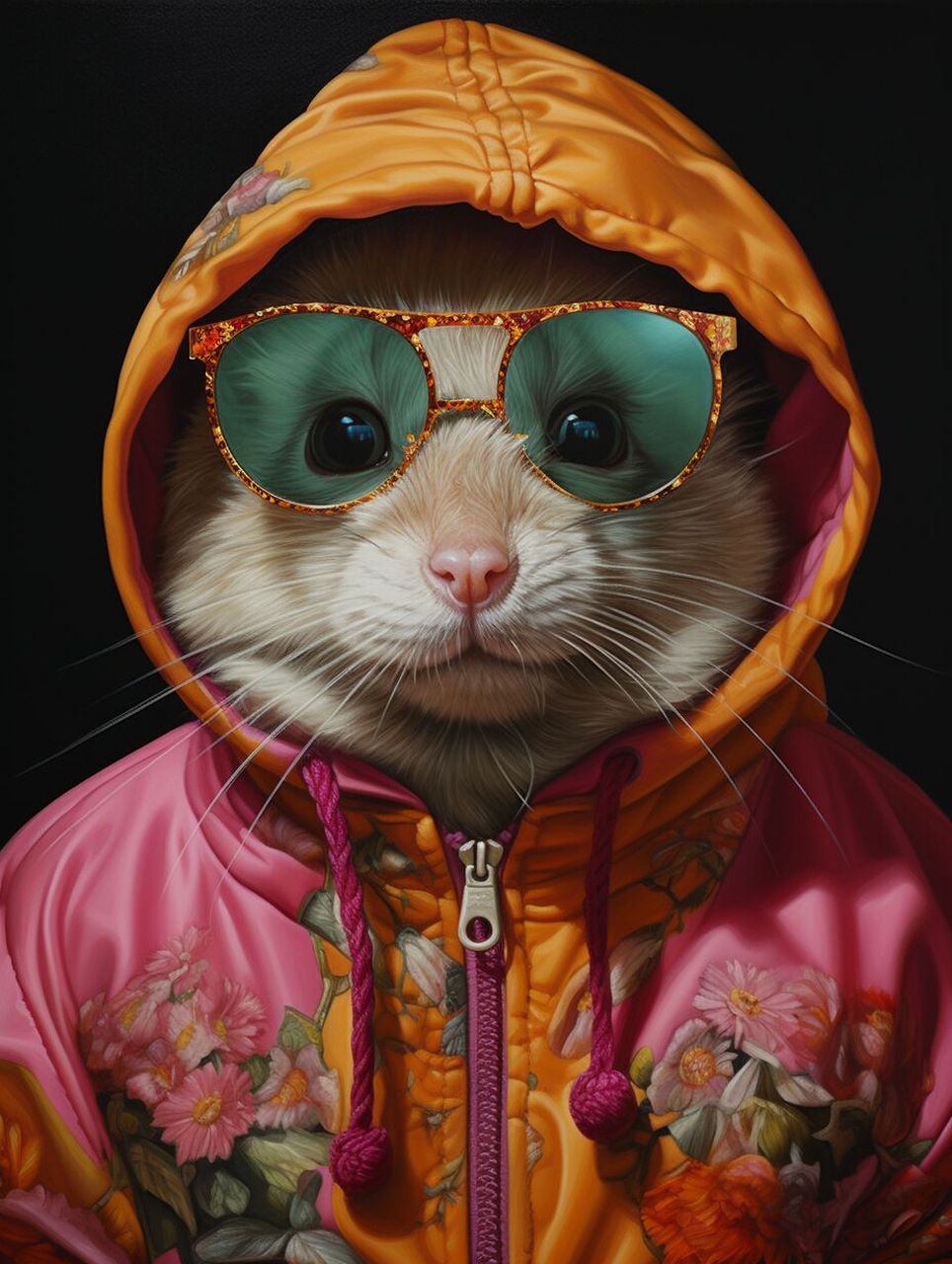 "戴眼镜和连帽衫的仓鼠油画" 这是由ben zoeller创作的一幅逼真的油画