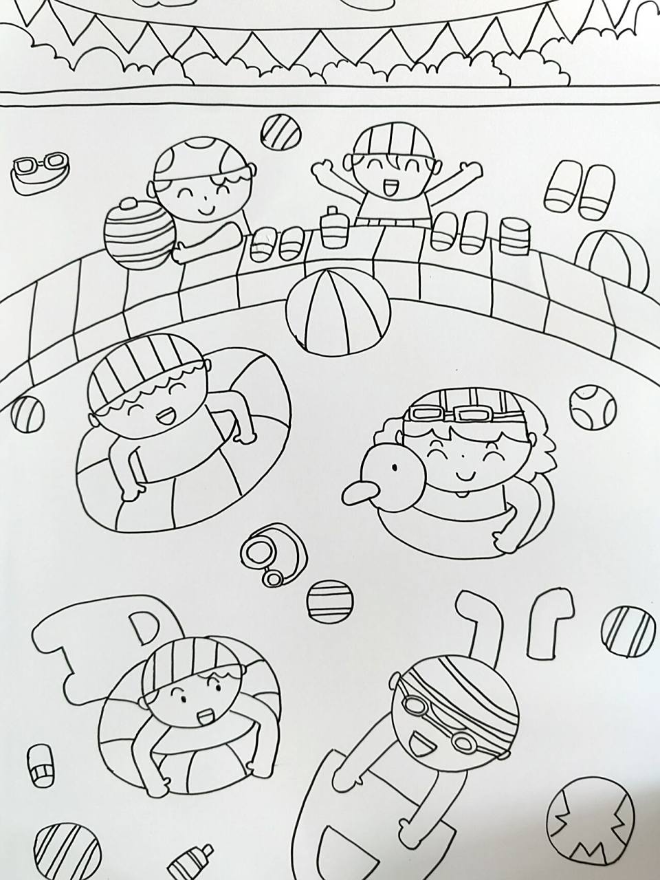 泳池嬉水 可爱儿童画