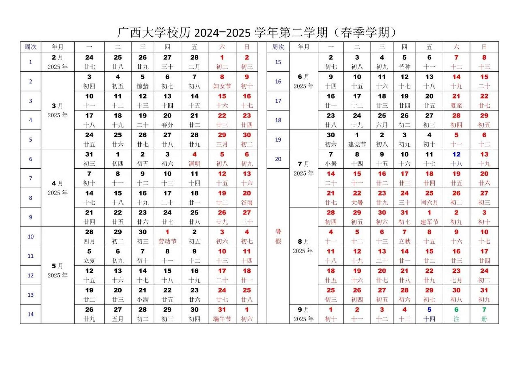 日前,广西大学公布了2024-2025学年的校历 校历发生了一些变化.