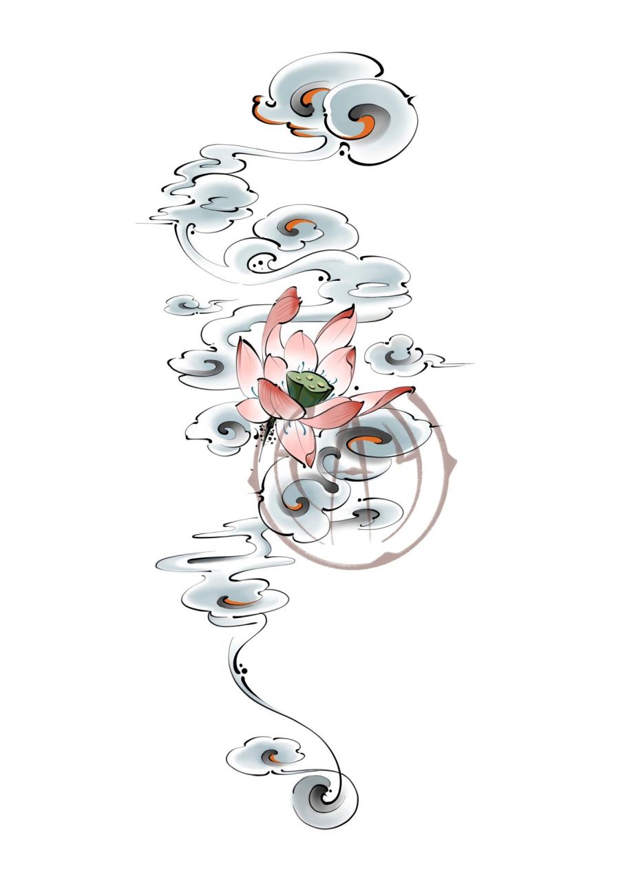 原创国风祥云 客稿 结合水墨,白描,传统的感觉设计的祥云搭配荷花