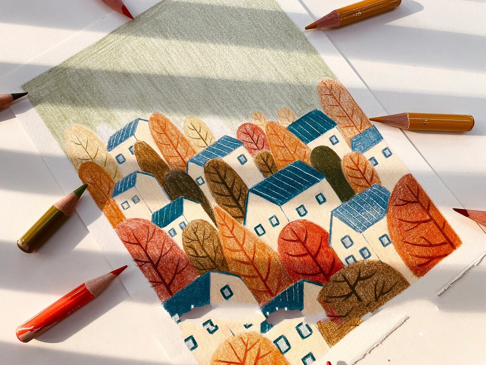 彩铅 | 暖阳下的秋天 上图为三期风景示范之一 内容涵盖植物,美食