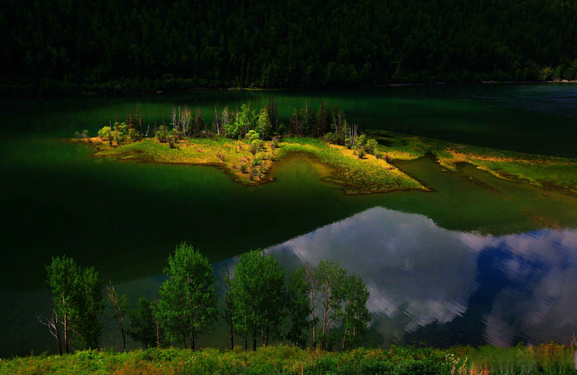 卧龙湾位于新疆阿勒泰地区布尔津县喀纳斯景区  卧龙湾四周森林茂密