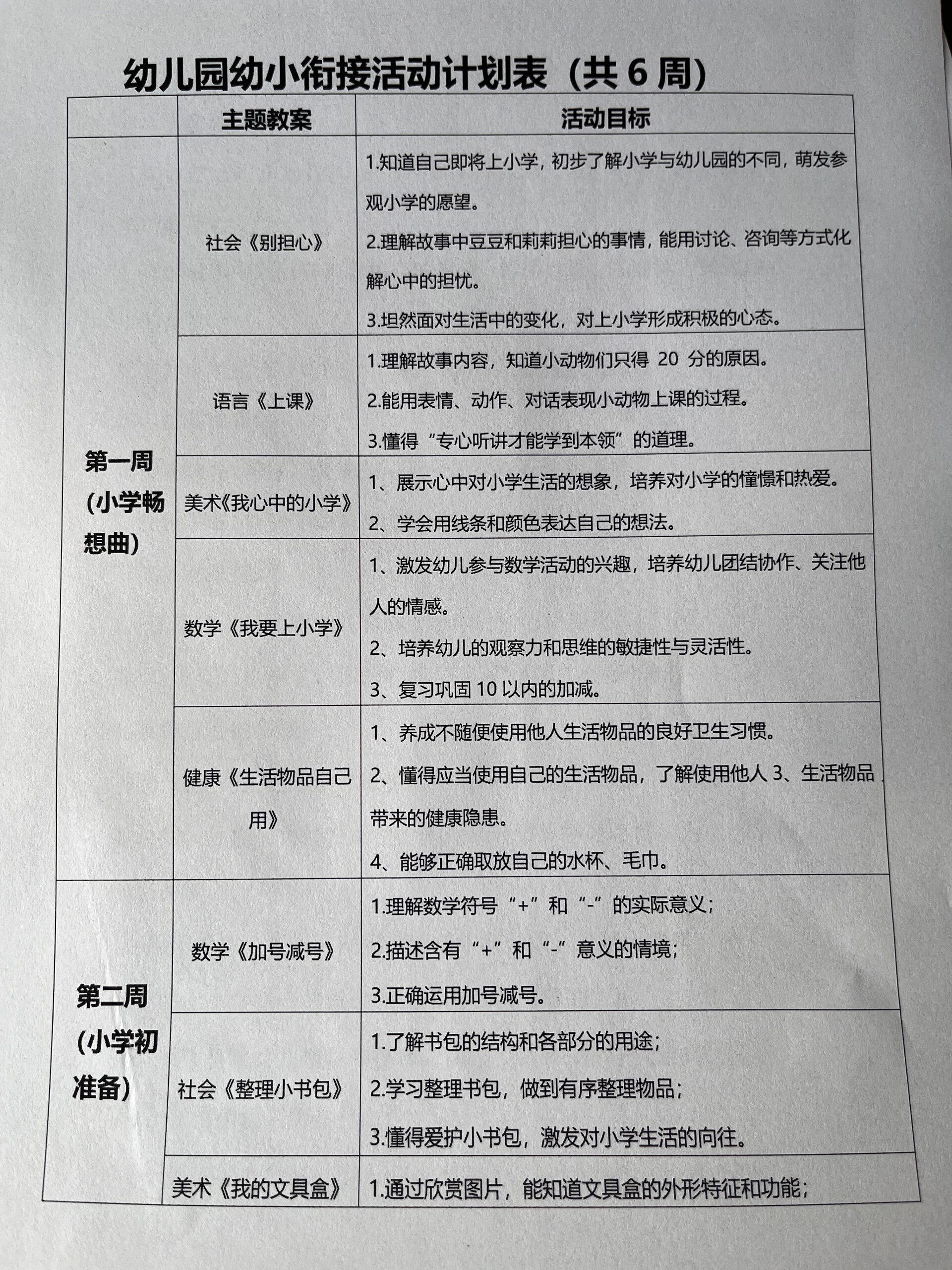 幼儿园幼小衔接活动计划表