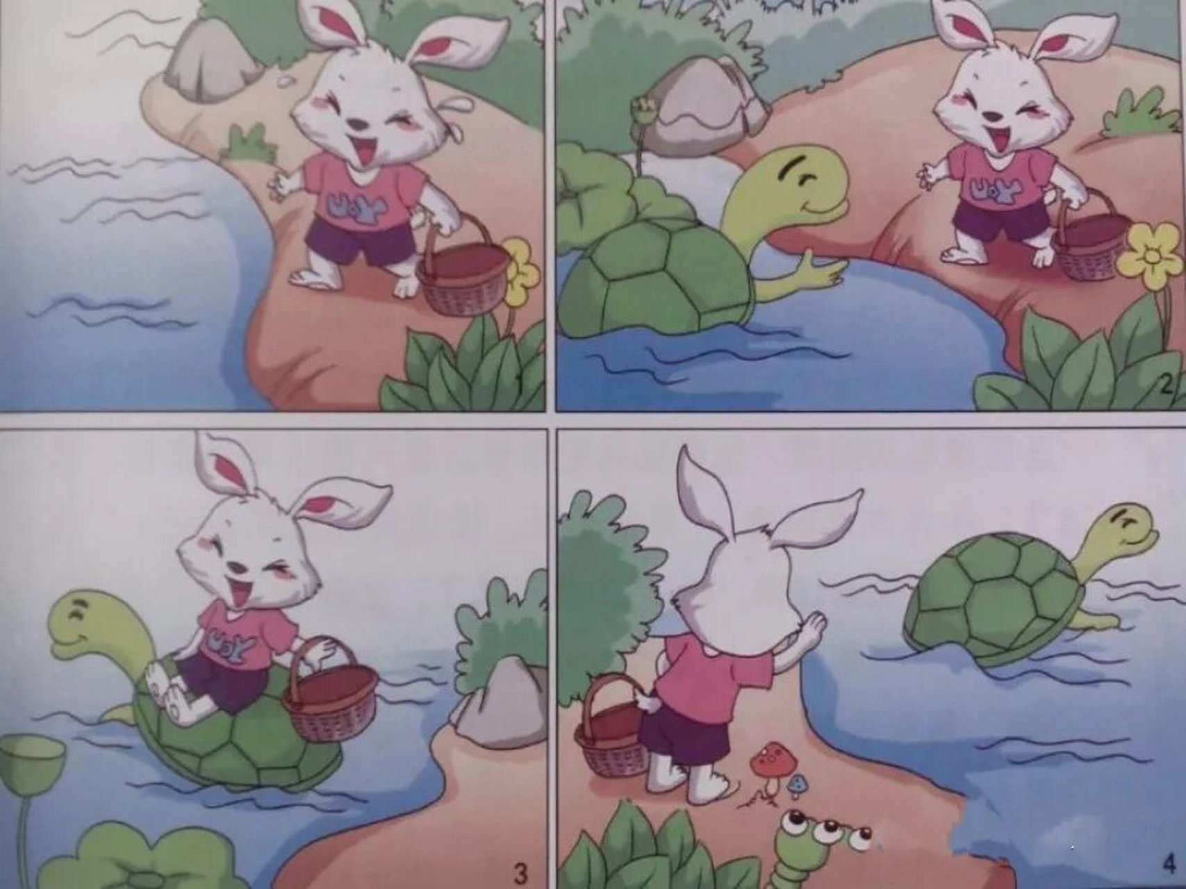 看图写话 小兔过河 一天,风和日丽,小白兔提着篮子到河对面的森林里去