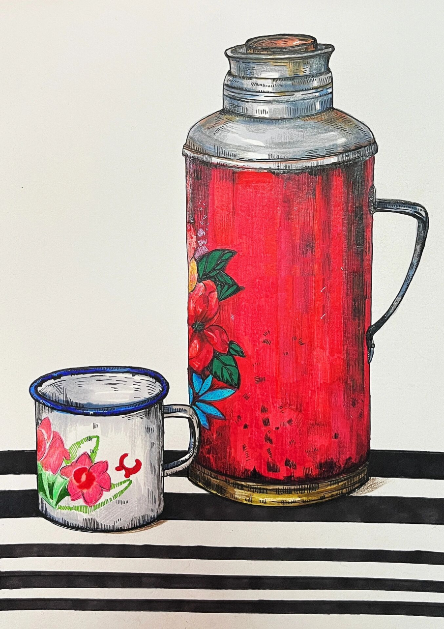 马克笔手绘|创意画 今日作品,年代感的暖水壶77瓷缸 马克笔77彩铅