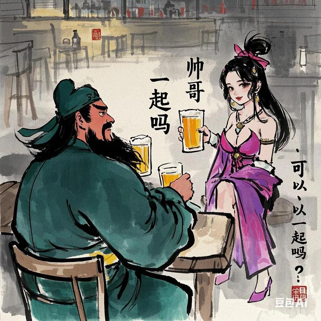 关羽一个人在酒吧喝酒,貂蝉跑过来