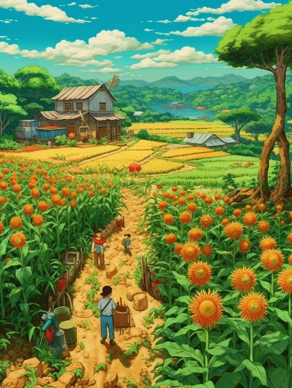 乡村田园生活场景 治愈系插画