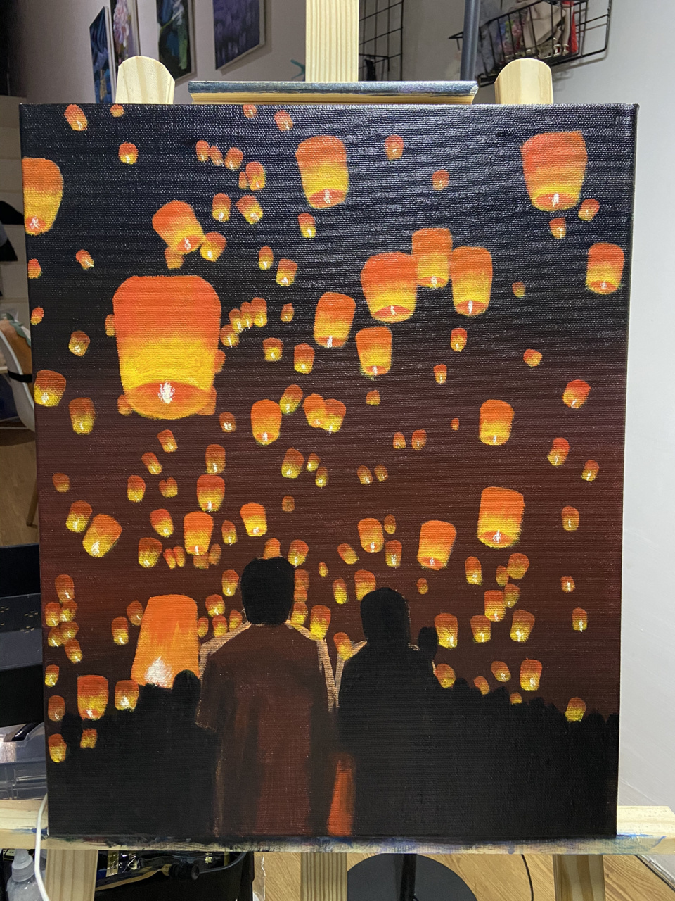 手绘丙烯画《孔明灯》新鲜出炉998215 万家灯火,有你有我 这幅
