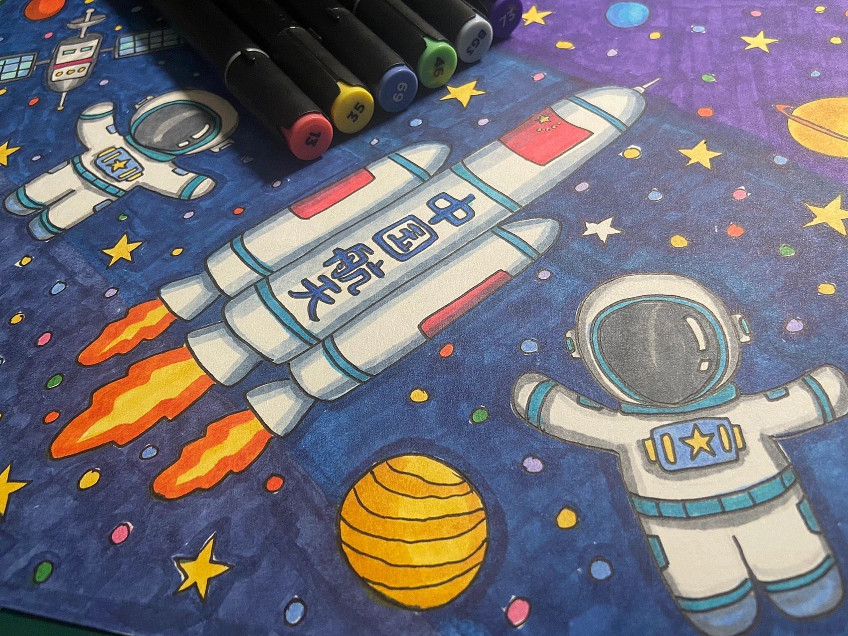 科幻主题画 | 中国航天梦2022.10.22 上色版来啦,线描稿在昨天哦