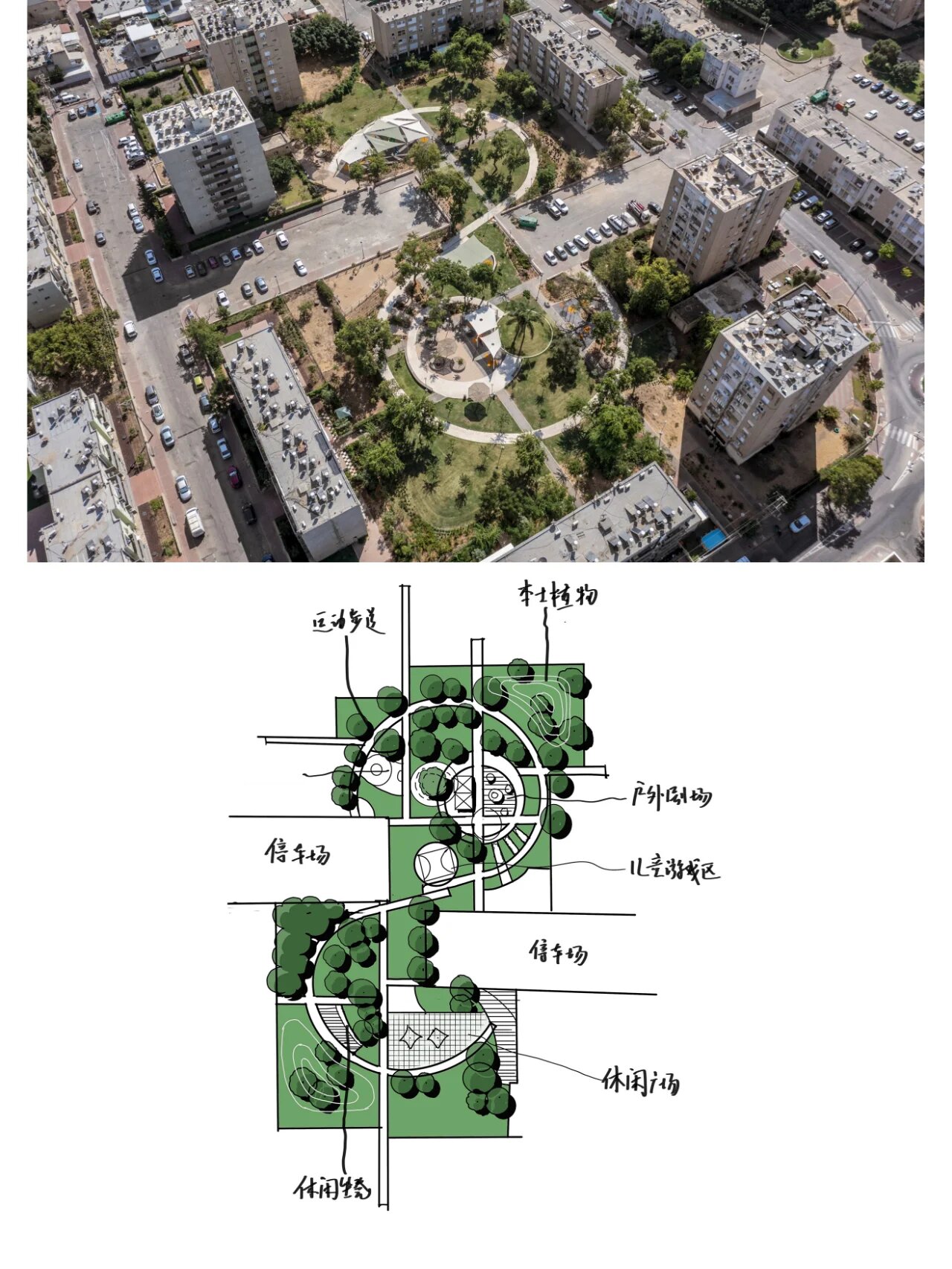 街头绿地景观案例丨直线与圆的巧妙交汇 景观空间:街头绿地 设计特点
