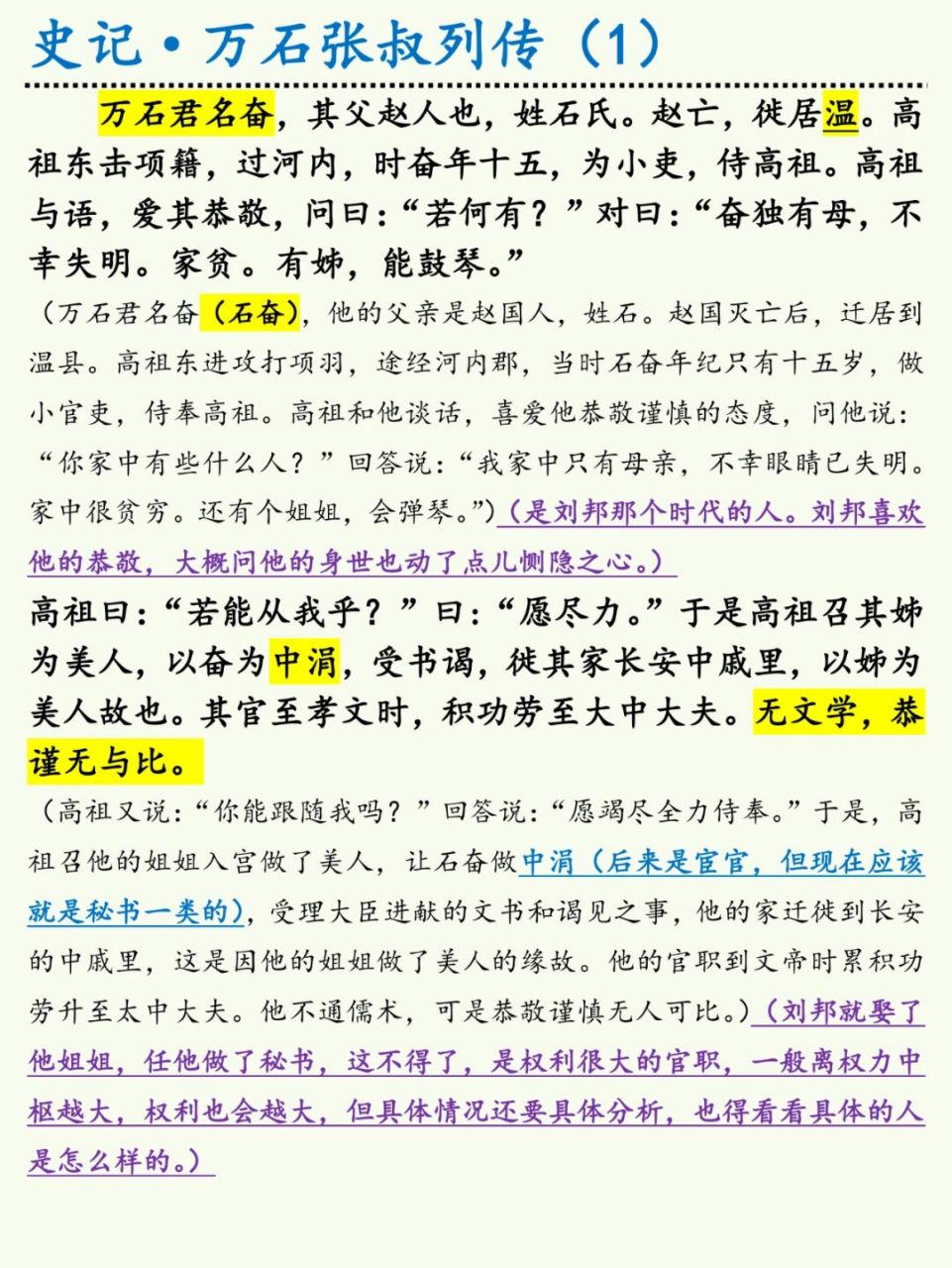 《史记·万石张叔列传》(1) 石奋,石建,石庆. 卫绾,直不疑. 周文.