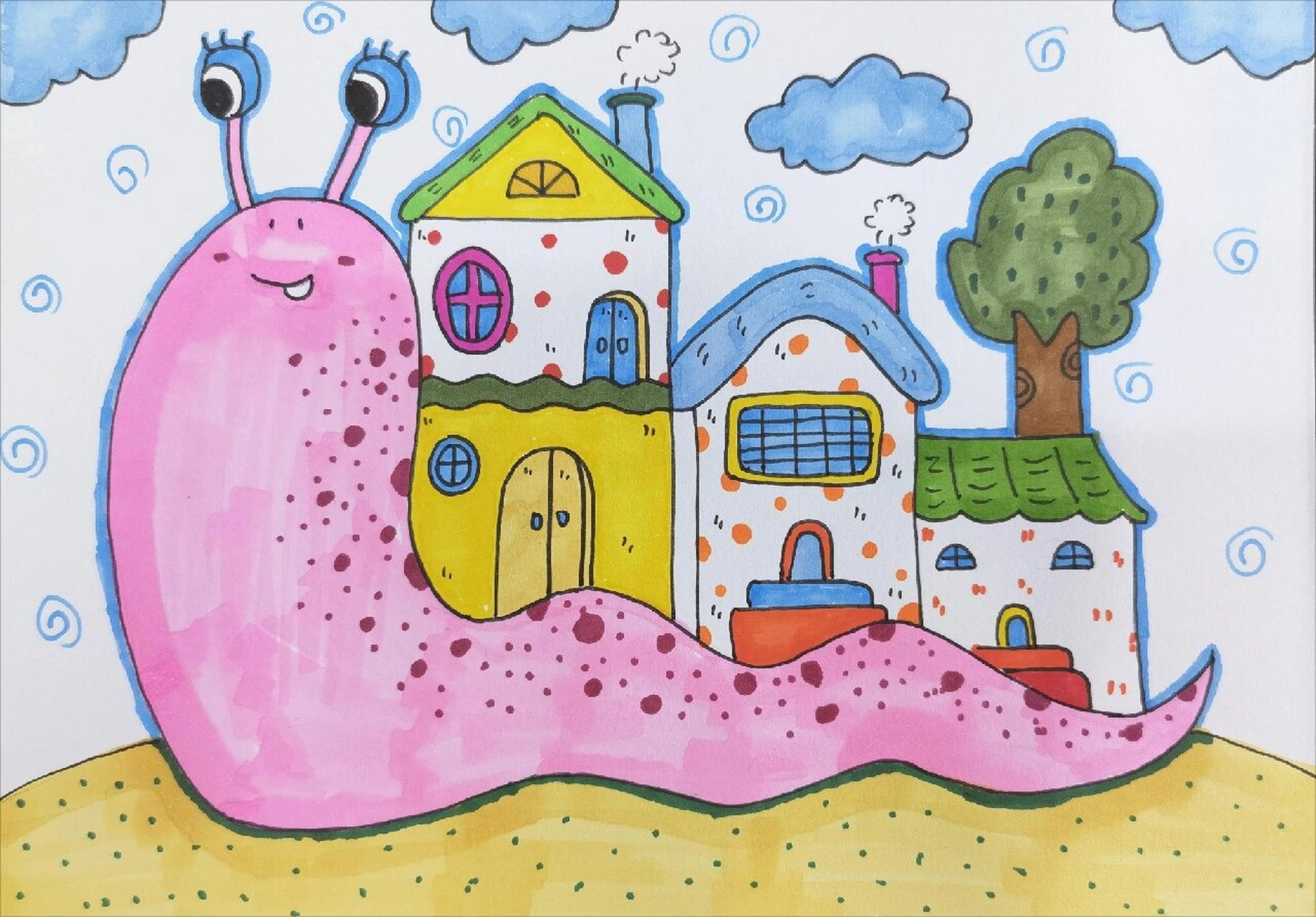 创意美术儿童画《蜗牛搬家》 多添加自己的想法和元素,创作出不同的