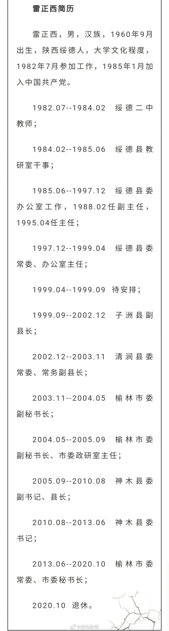 【榆林市委原常委,秘书长雷正西接受纪律审查和监察调查】榆林市委原
