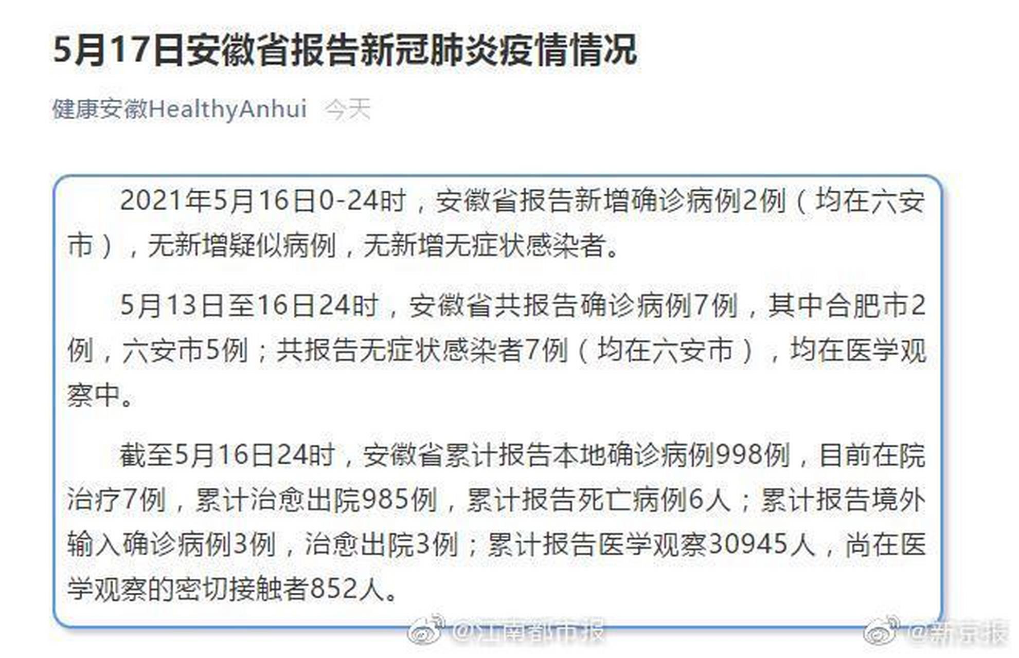 【安徽六安新增2例确诊病例】2021年5月16日0-24时,安徽省报告新增