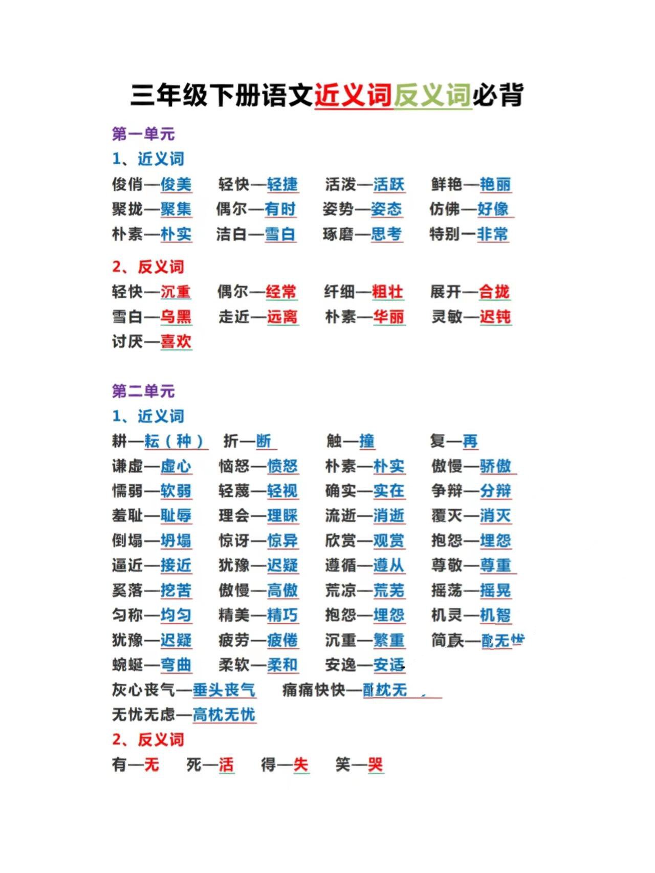 必背!三年级1～8单元近义词反义词汇总
