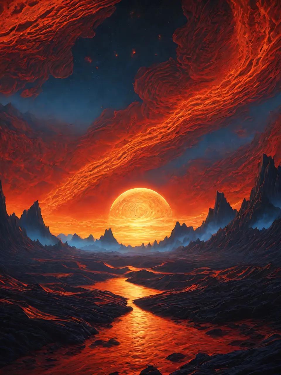 火海红霞映,火山喷发间.