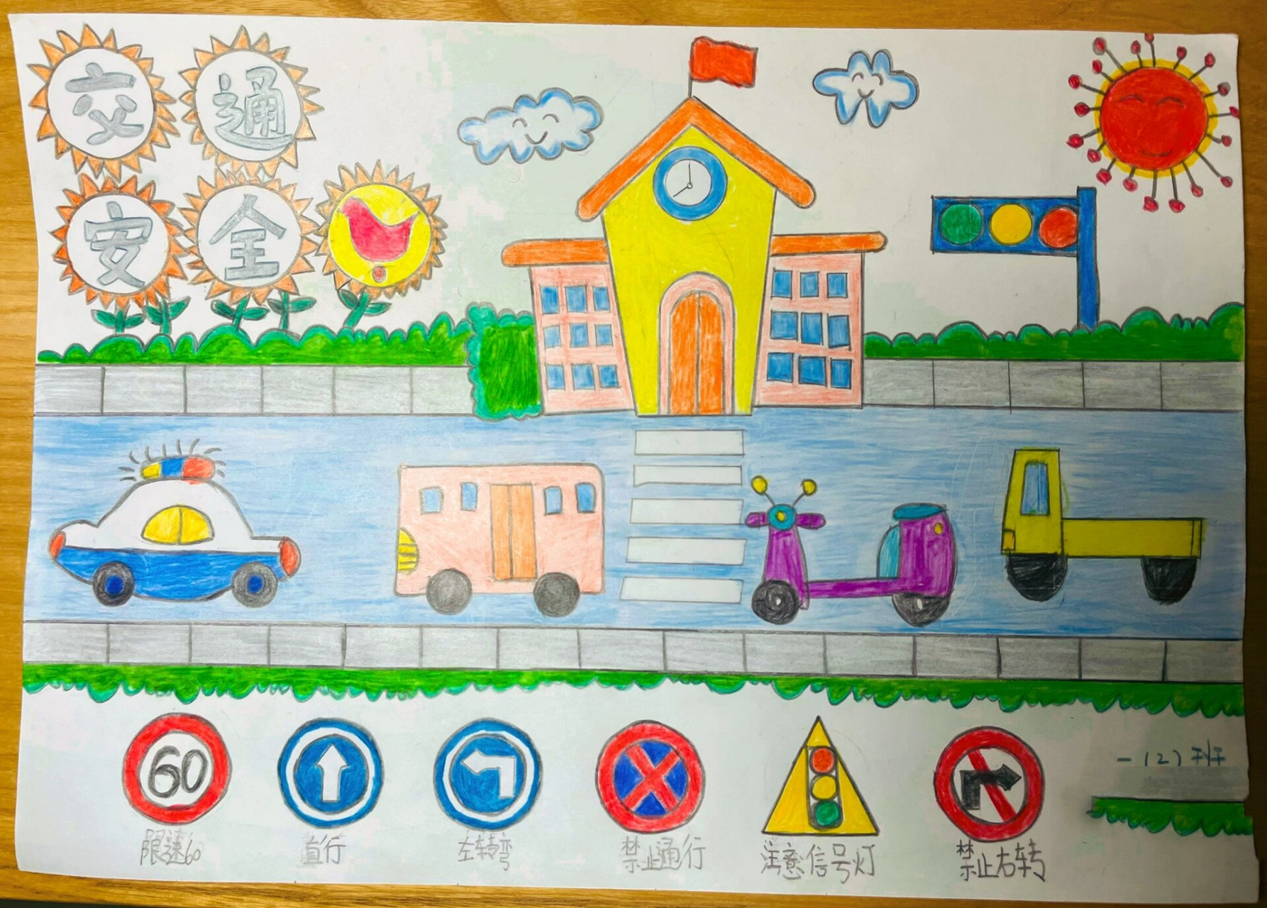 一年级交通安全绘画 虽说不用上学 但天天都有任务 这周五的散学典礼