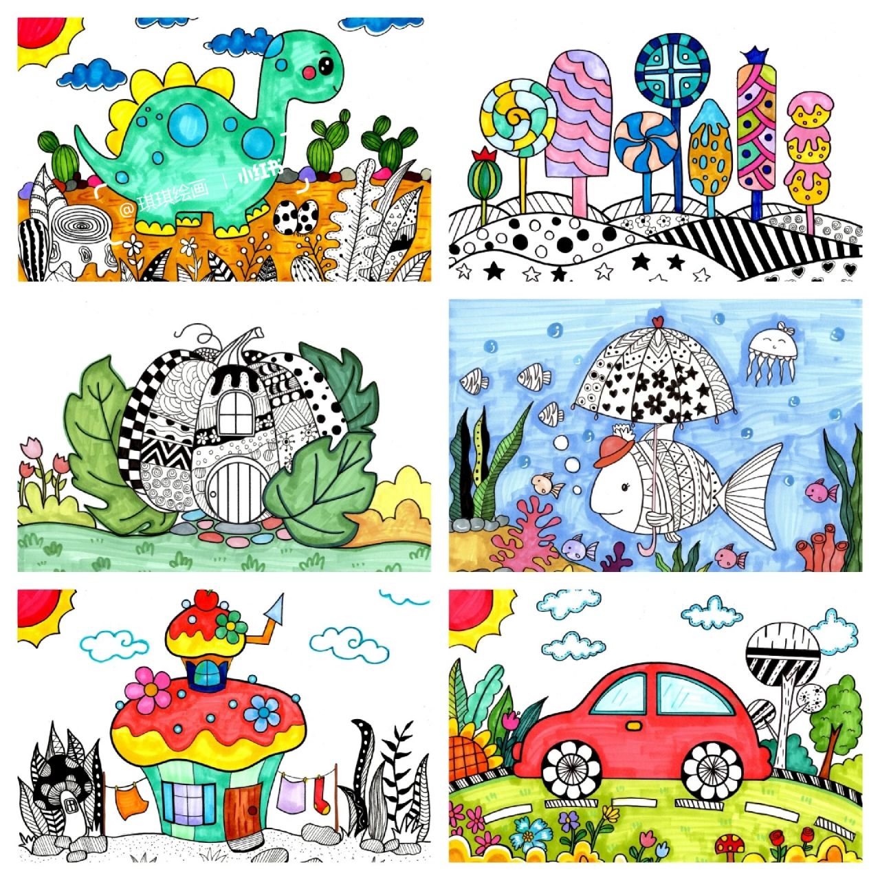 (附大图)彩色创意线描画儿童画创意美术