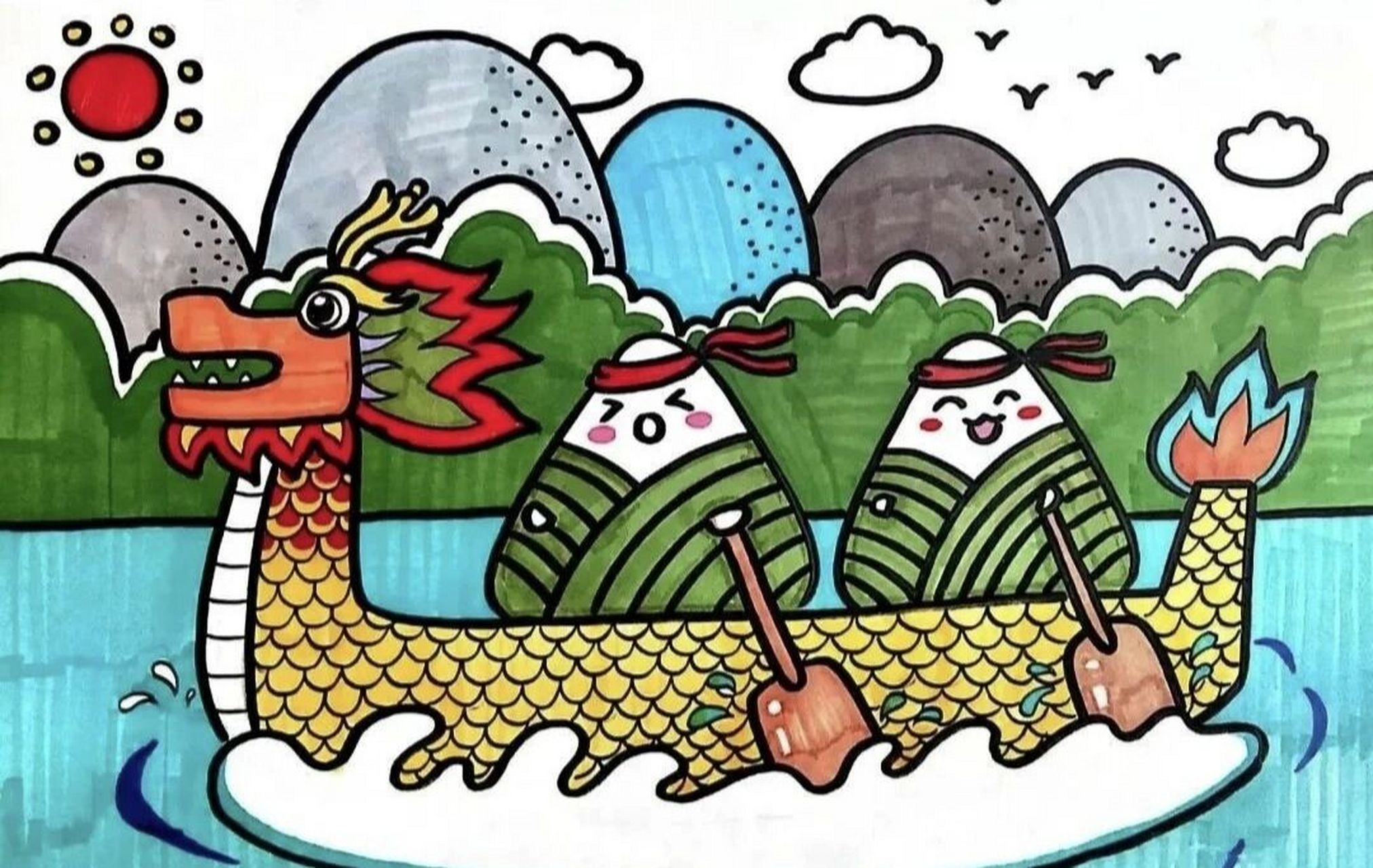 教你画端午节创意画 龙舟,是端午节竞渡用的龙形船.