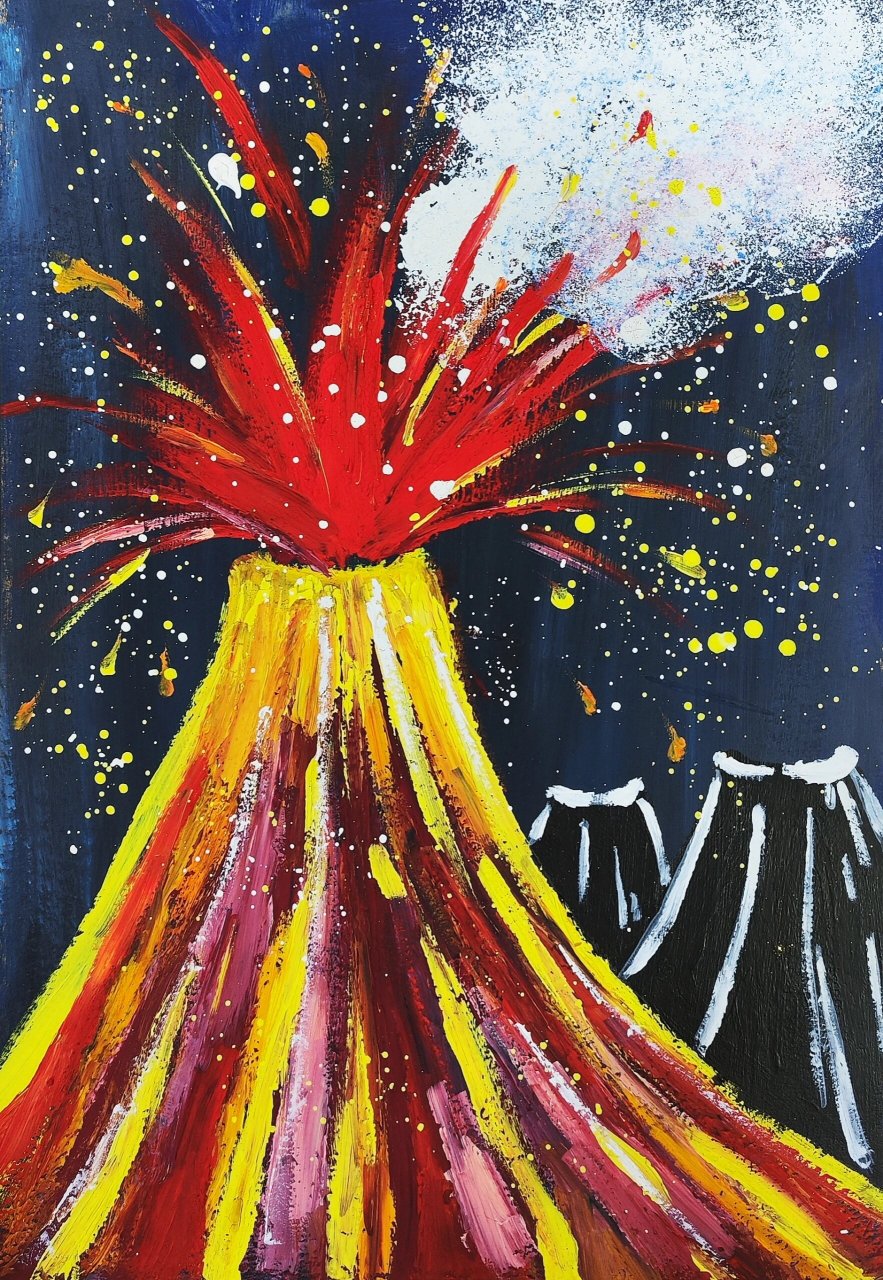 《火山爆发》水粉画