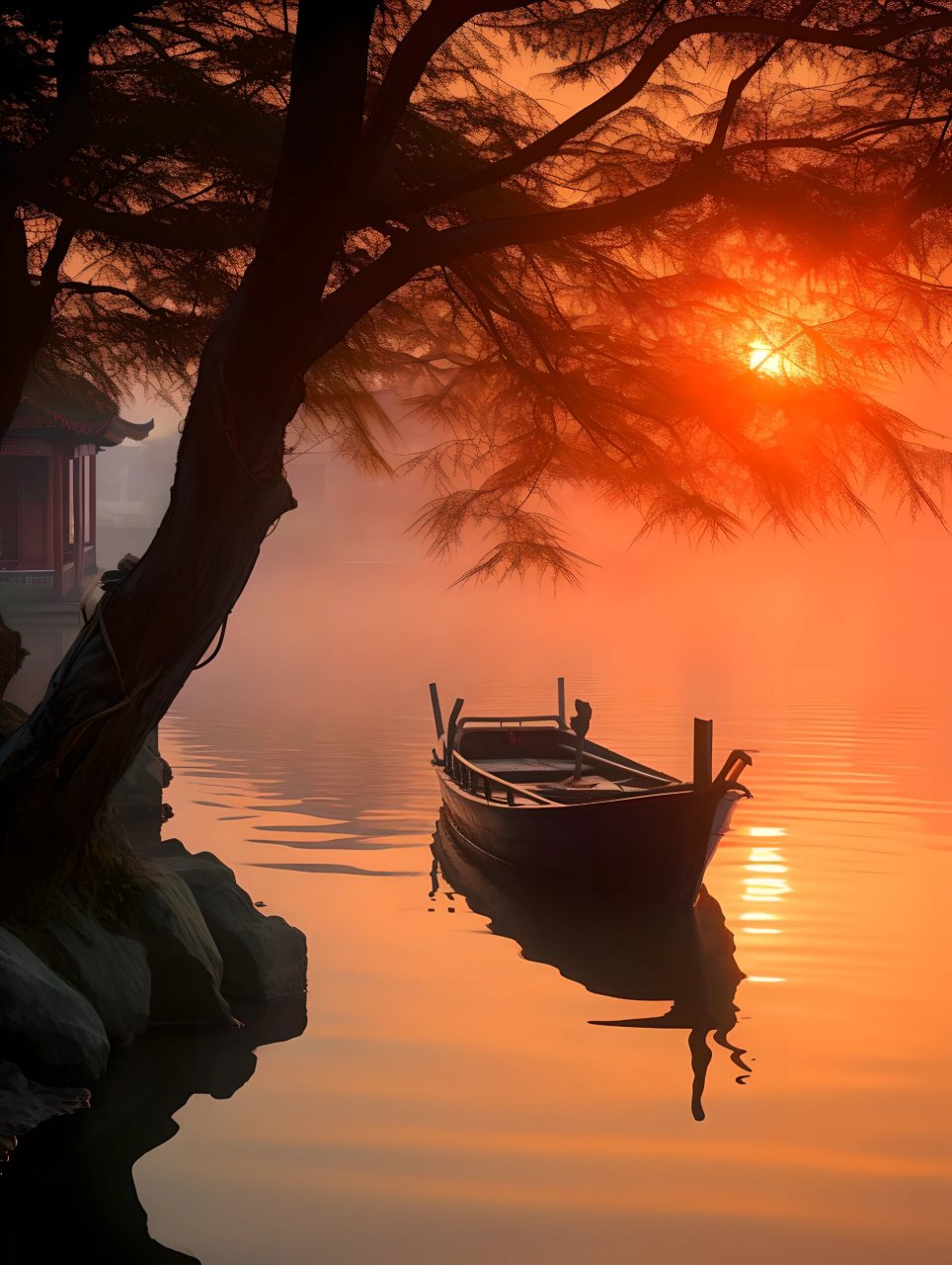 小船飘荡湖面宽,夕阳西下暖光残.