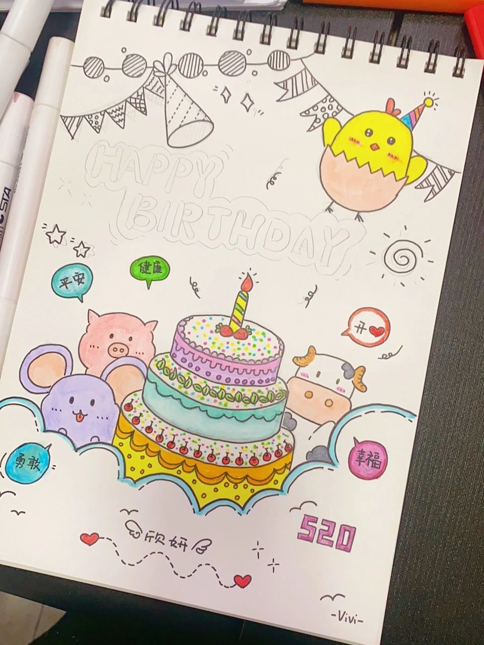 简笔画|生日快乐图 同事女儿520要生日啦 请我帮忙画一幅画 爸爸属猪